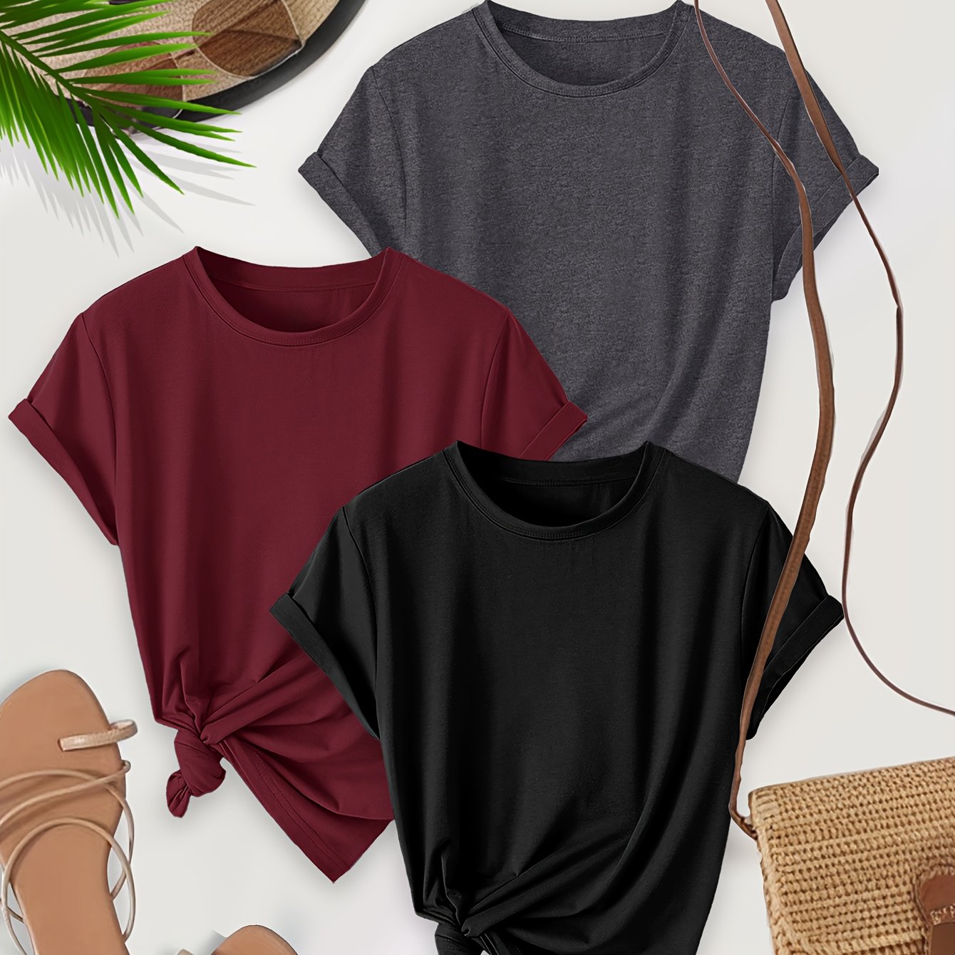 E-shop 3er-Pack Damen Kurzarm T-Shirts in Unifarben, Lässiger Rundhalsausschnitt, Stoff, Regelmäßiger Basic-Stil, Vielseitiges Basis-Layer für alle