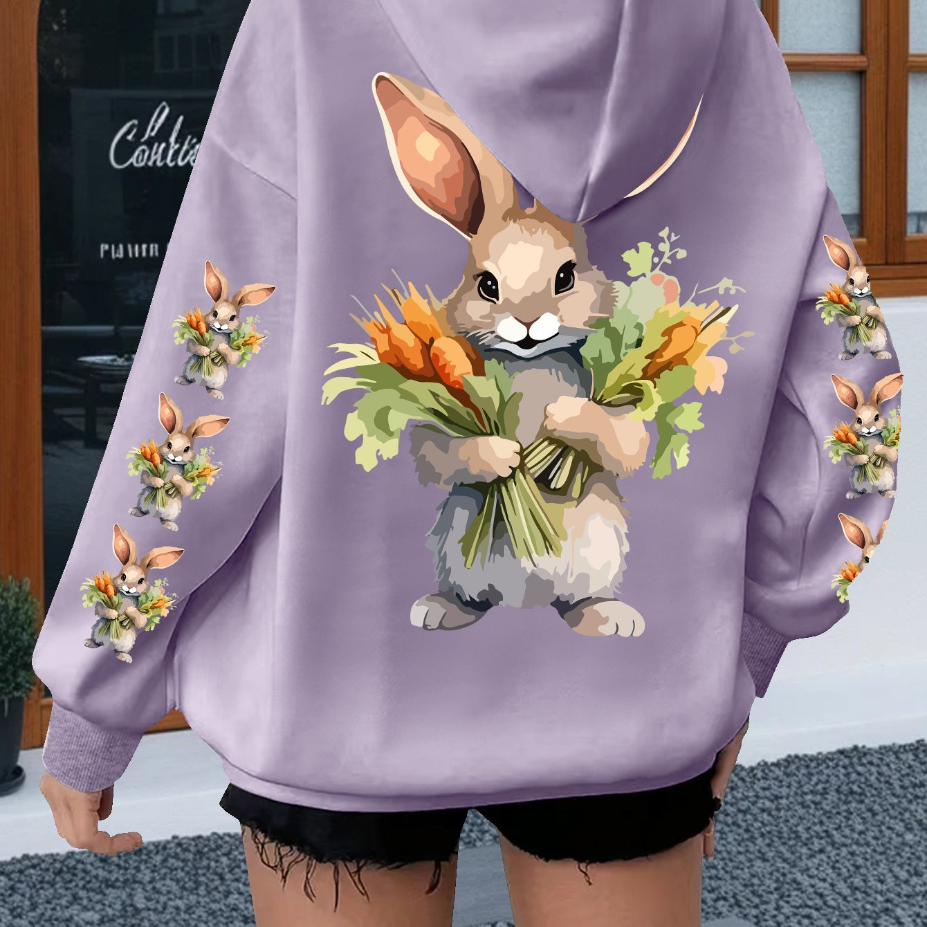 TEMU Plus Size, Women's Plus Size Rabbit Graphic Print Hoodie, Casual Drawstring Hooded Long Sleeve Kangaroo Pocket Sweatshirt, Plus Size Women's