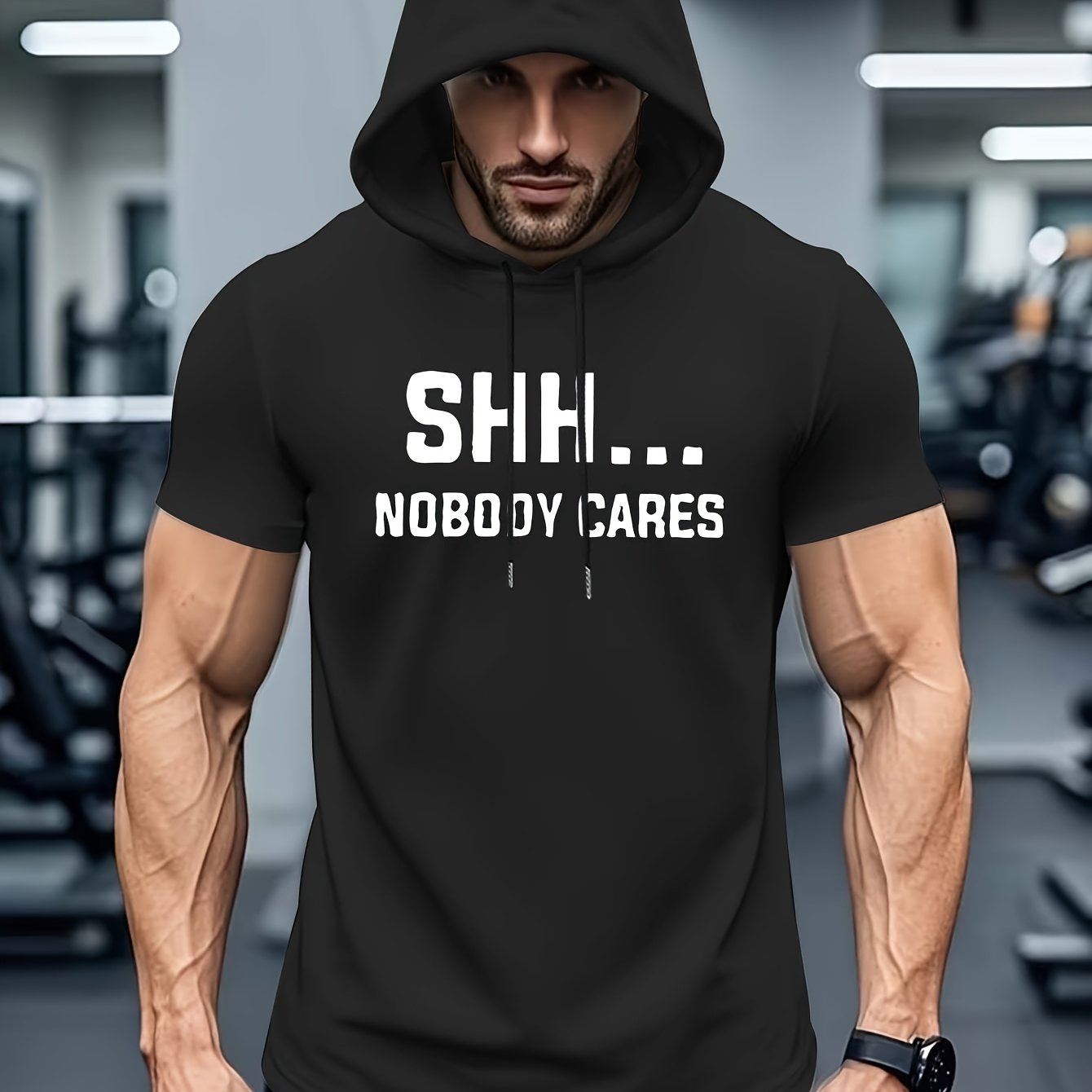 TEMU Men's Shh..nobody Cares Slogan Hooded - Hardcore Streetwear Short-sleeve Hoodie With Back Print, Machine Washable Summer Top Suitable For