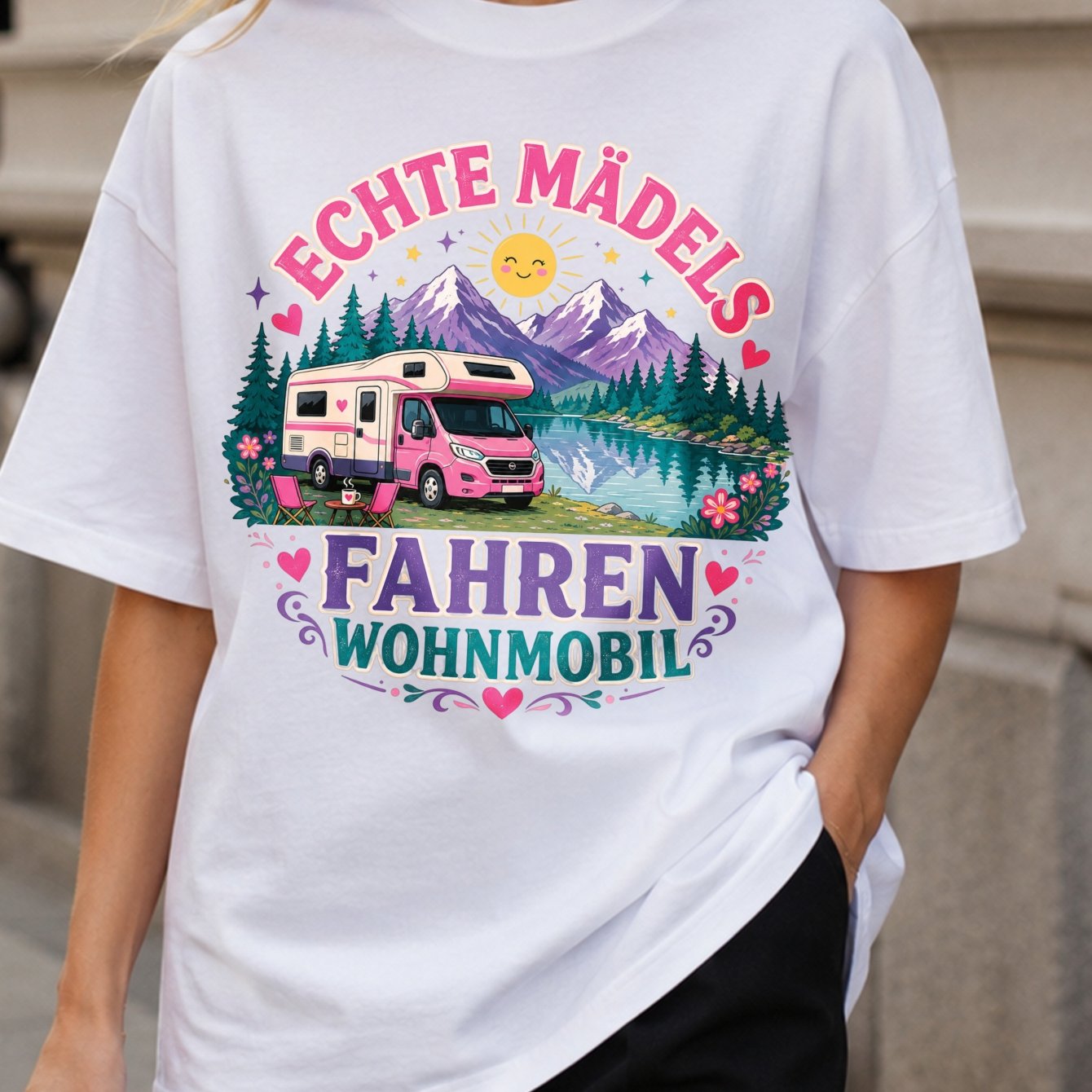 Women's " Drive Rv" Van T-shirt - Lake Mountain & Hearts Graphic Tee Suitable For - Casual Wear, Trips, Camping Outfits, Machine Washable Outdoor Adventure Apparel