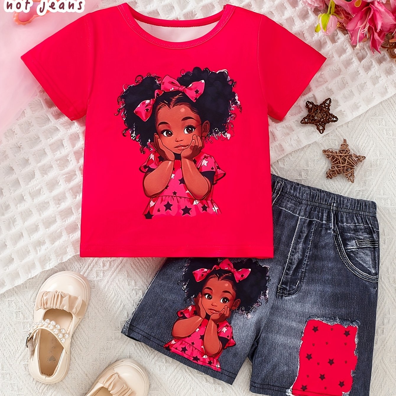Girls' Fashion Short-sleeve Printed Top, And Denim Shorts, Perfect For Going Out, For Outdoor