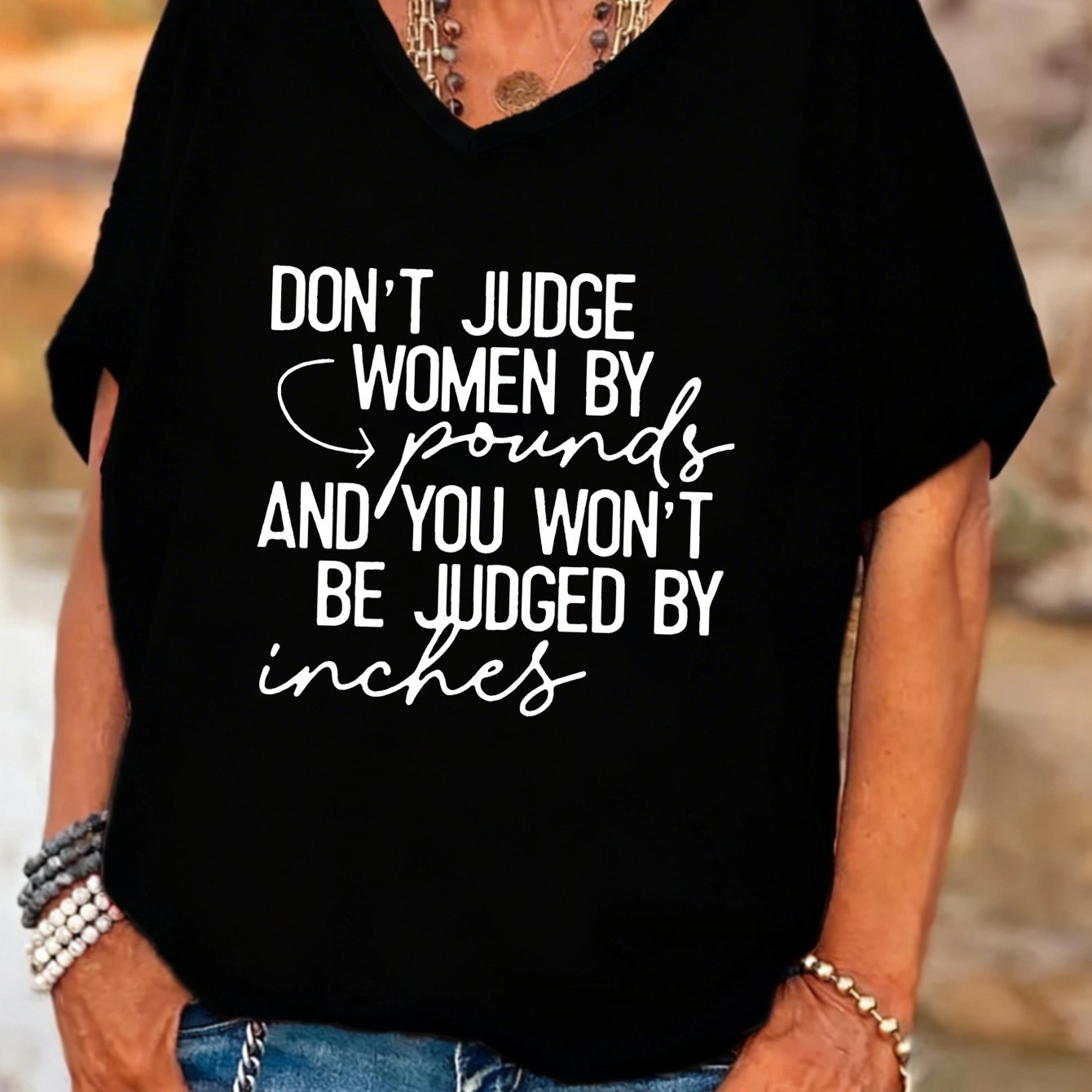 TEMU Plus Size, Casual V Neck Women's T-shirt Women By And Be Judged By Inches Graphic Tee For Casual Attire Summer Gift For Her