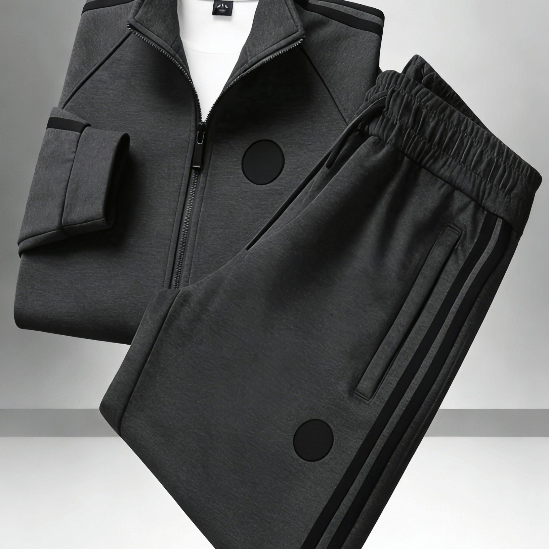 Men's Apparel For Spring And Fall Dark Gray Polyester Stand Collar Zip Up Sweatshirt And Pants Set With And Circle Sport Style