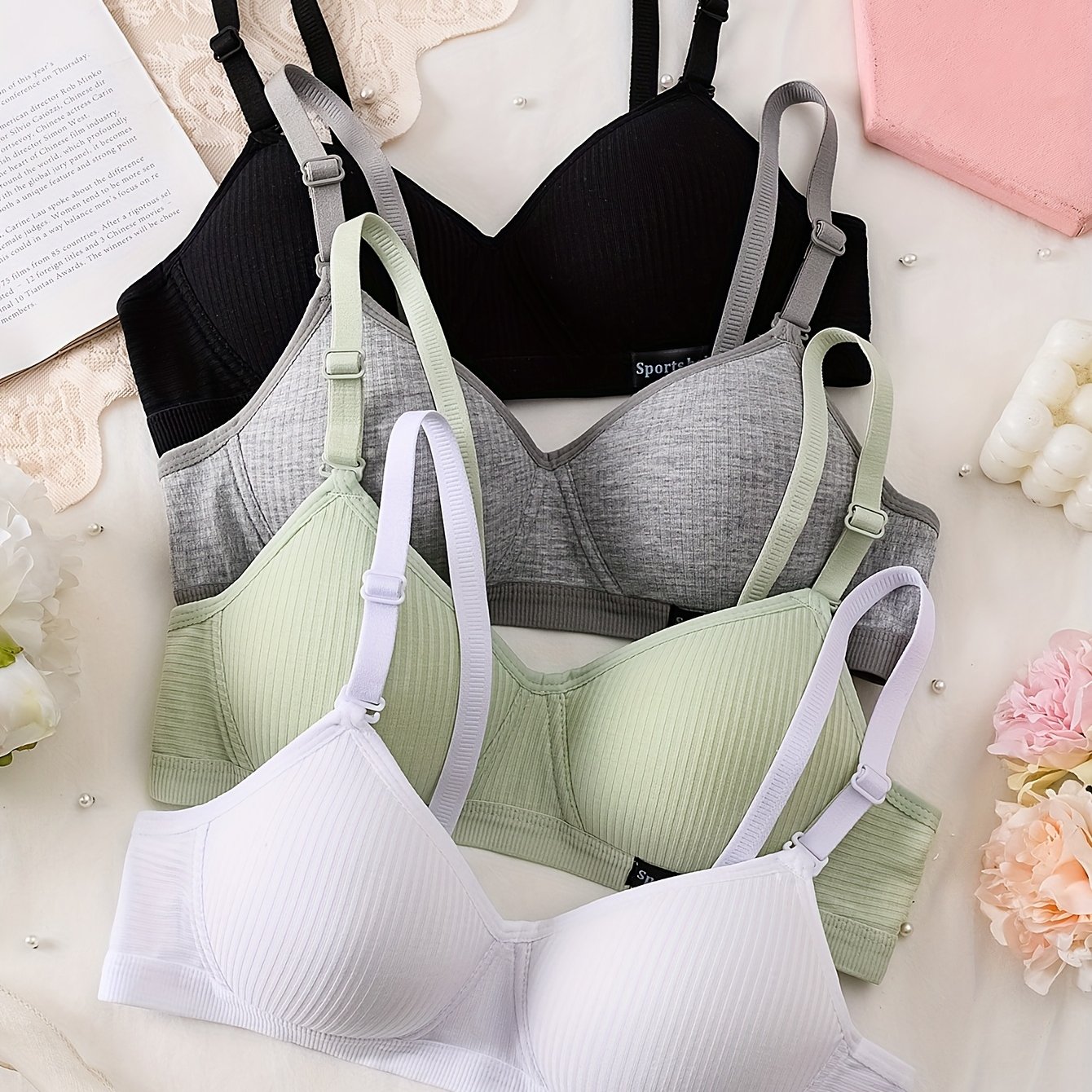 Image of 4pcs Teen Girls' Underwear, Wire-free Bras, Growth Period Bras, Anti-sagging Bras, Adjustable Straps, Non-removable Padded Bras, Suitable For Girls Aged 9-16