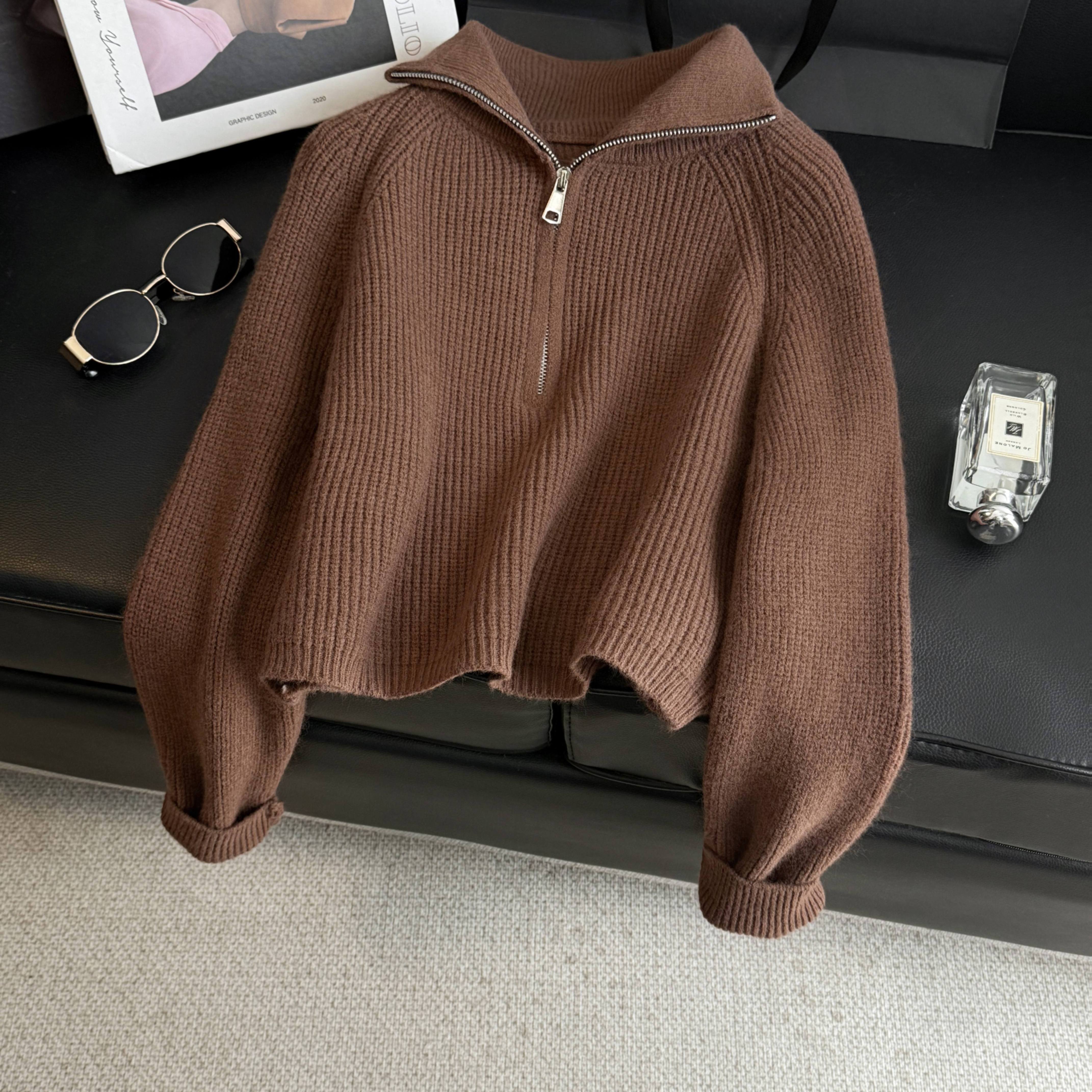 TEMU 2025 Autumn New Style Age-reducing Design Zipper Loose Cardigan Lapel Lazy Style Sweater Top Women