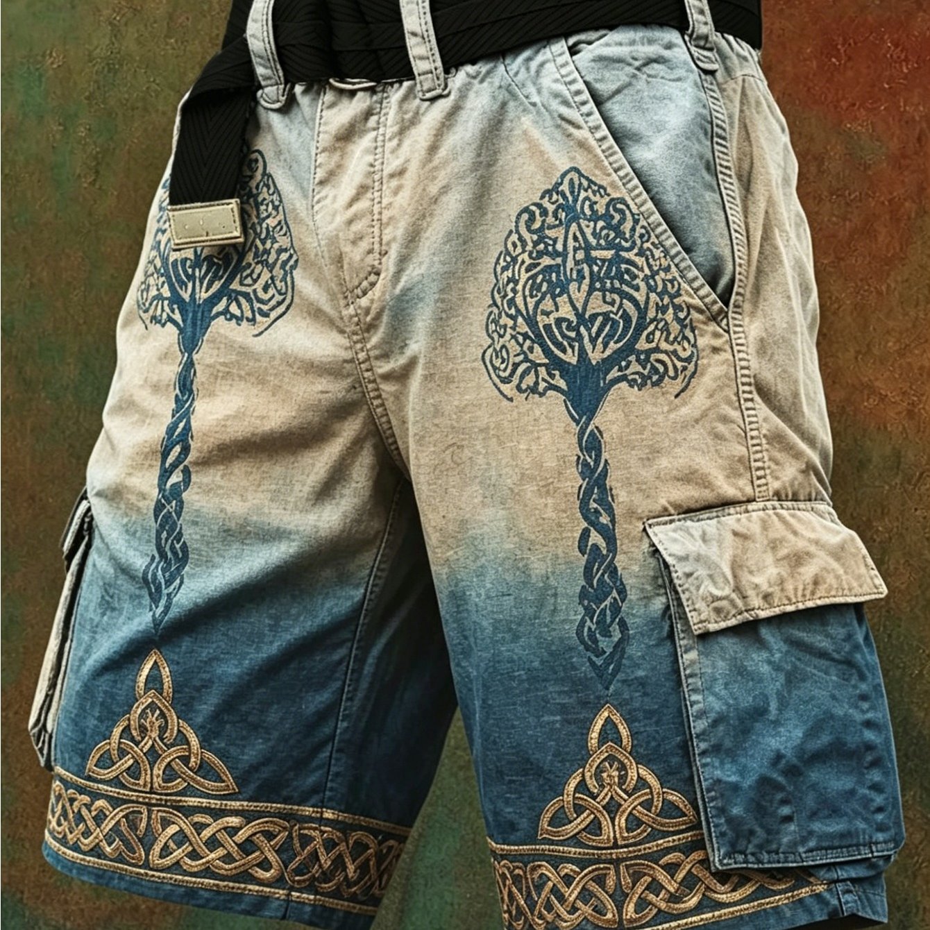 Image of Blue And White Gradient Norse Tree Of Life Totem Men's Cargo Shorts Summer Retro Street Unique Straight Leg Shorts, Plus Size