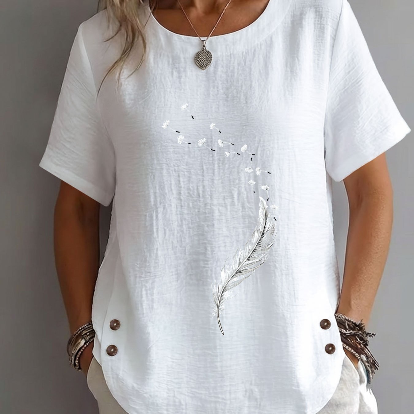 TEMU Spring Summer Women's , Sketch Style Dandelion Flying Seeds Print, Mature Casual Round Neck Short Sleeve Elegant Women's Clothing
