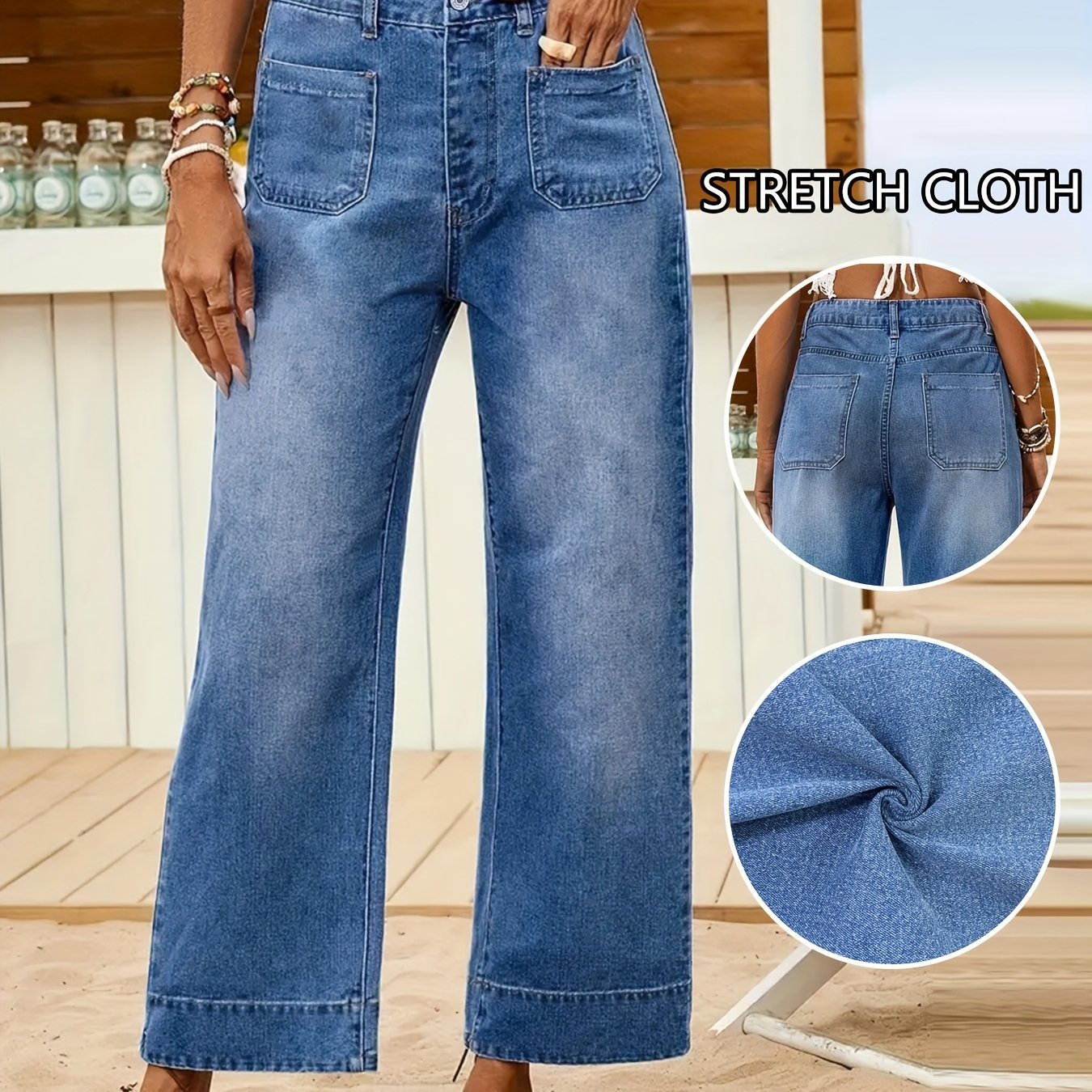 Image of Women's Elastic Mid-waist Fashion Wide Leg 7-point Pants, Suitable For Spring And Summer Travel Dates, , Travel Wear Jeans, Classic Wide Foot Side Blue Washed Denim, Wear