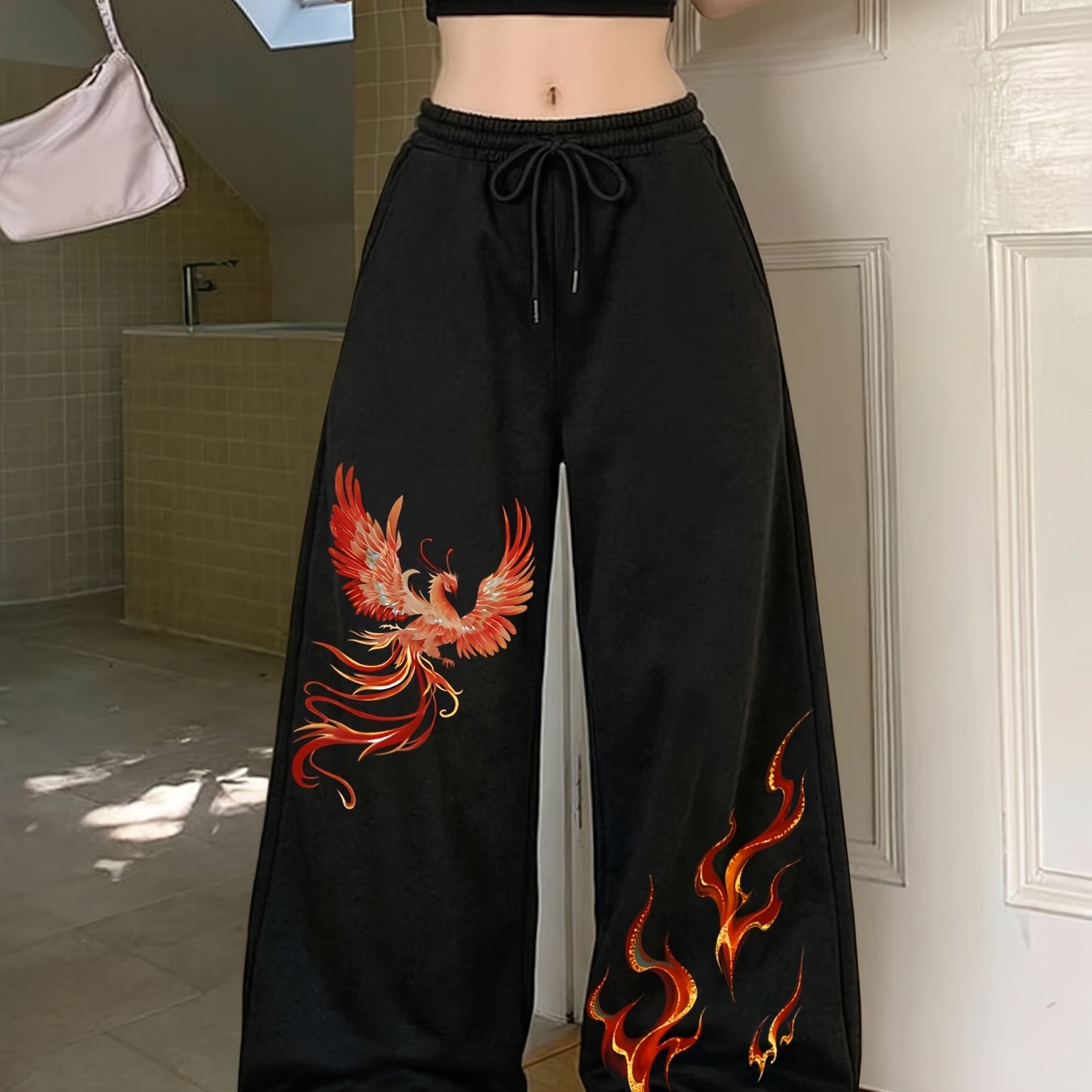 TEMU New Chinese Style Fire Phoenix Wide Straight Trousers, Guochao Drape Maxi Casual Pants