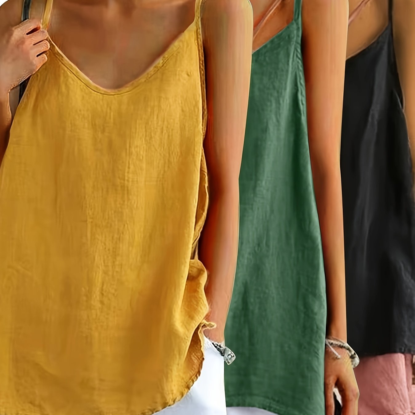 Image of Women's 3pcs Set, Camisole Top, Casual, Vacation, Thin Straps, Loose Sleeveless Top, Suitable For Summer And Spring/autumn