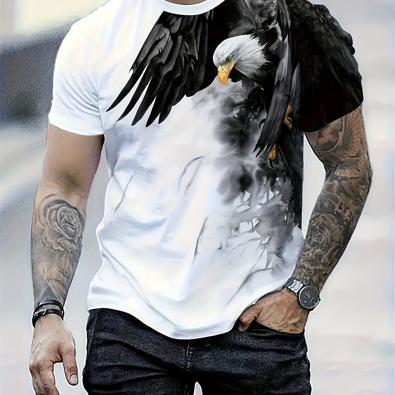 TEMU Men's Summer Casual [printe Esign-not Texture] Eagle Print T-shirt - Lightweight Polyester, Crew Neck, Short Sleeve, Machine Washable, Outdoor