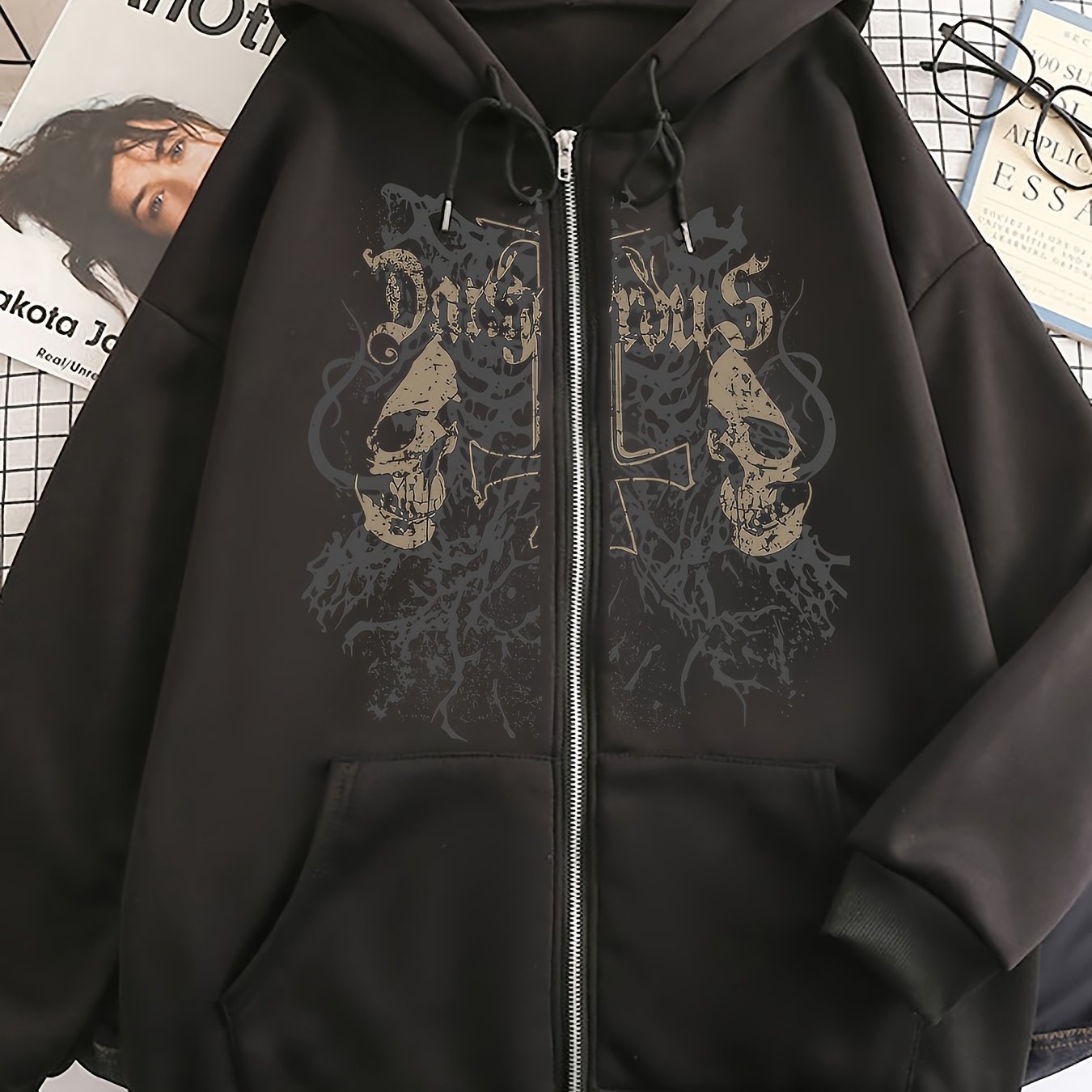 TEMU New European And Dark Fashion Printed Long-sleeve Bf Style Loose Fit Casual Hooded Zipper Cardigan Oversized Sweatshirt Jacket For Women,