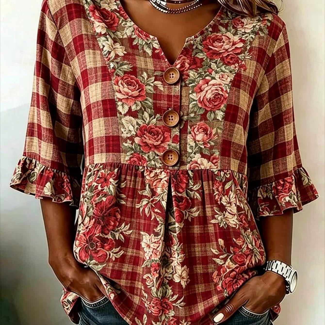 Image of Women's Blouse Elegant Three-button V-neck Easy Printed Casual Blouse 3/4 Sleeves With Cuffs Plaid Floral Prints Elegant And Suitable For Commuting And Vacation Versatile And Classic Machine Washable