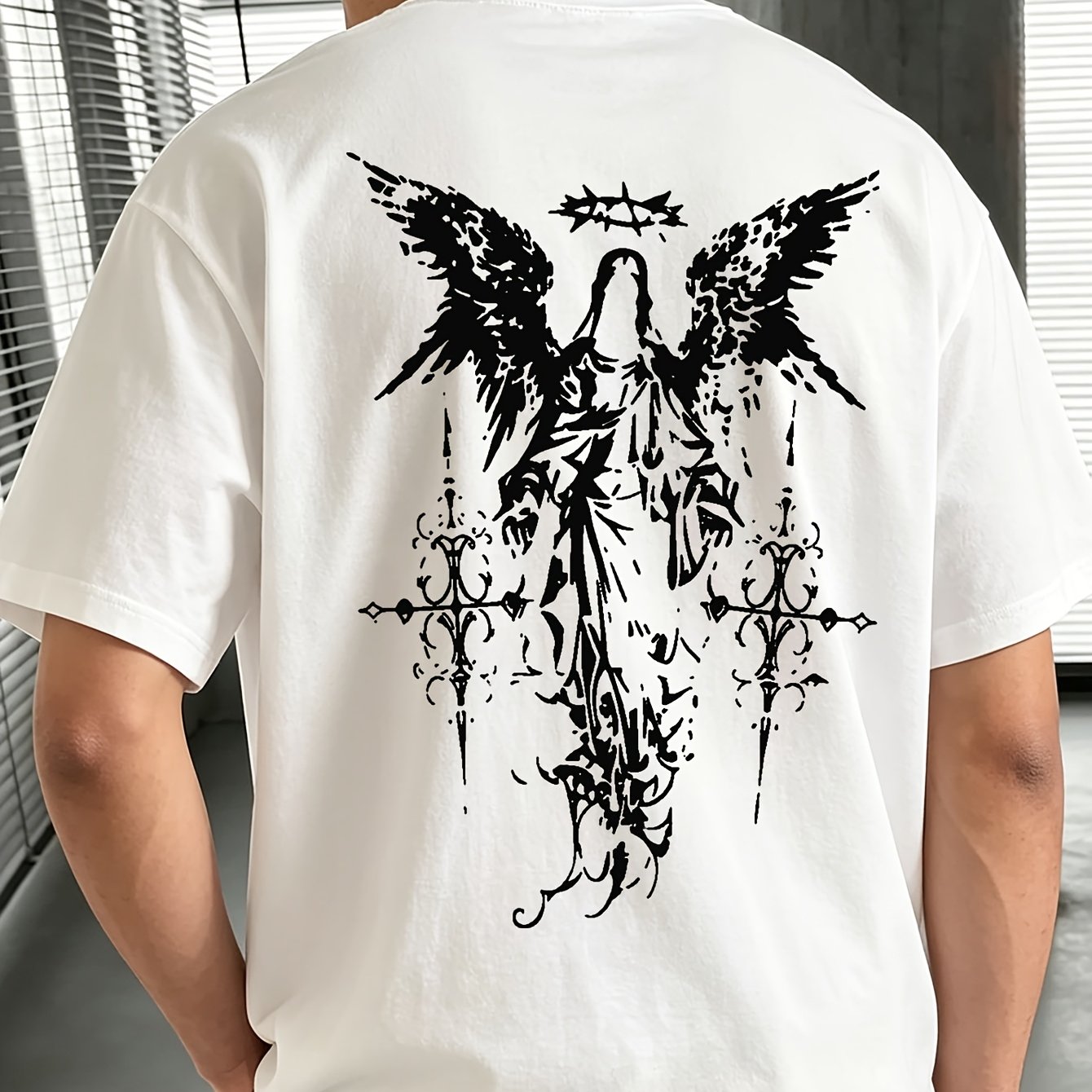 Image of Dark Gothic Graphic Tee | Baroque Wing Sketch Print | 2026 Summer Men's Black Oversized T-shirt | Loose Fit Edgy Style | Cotton Casual Top