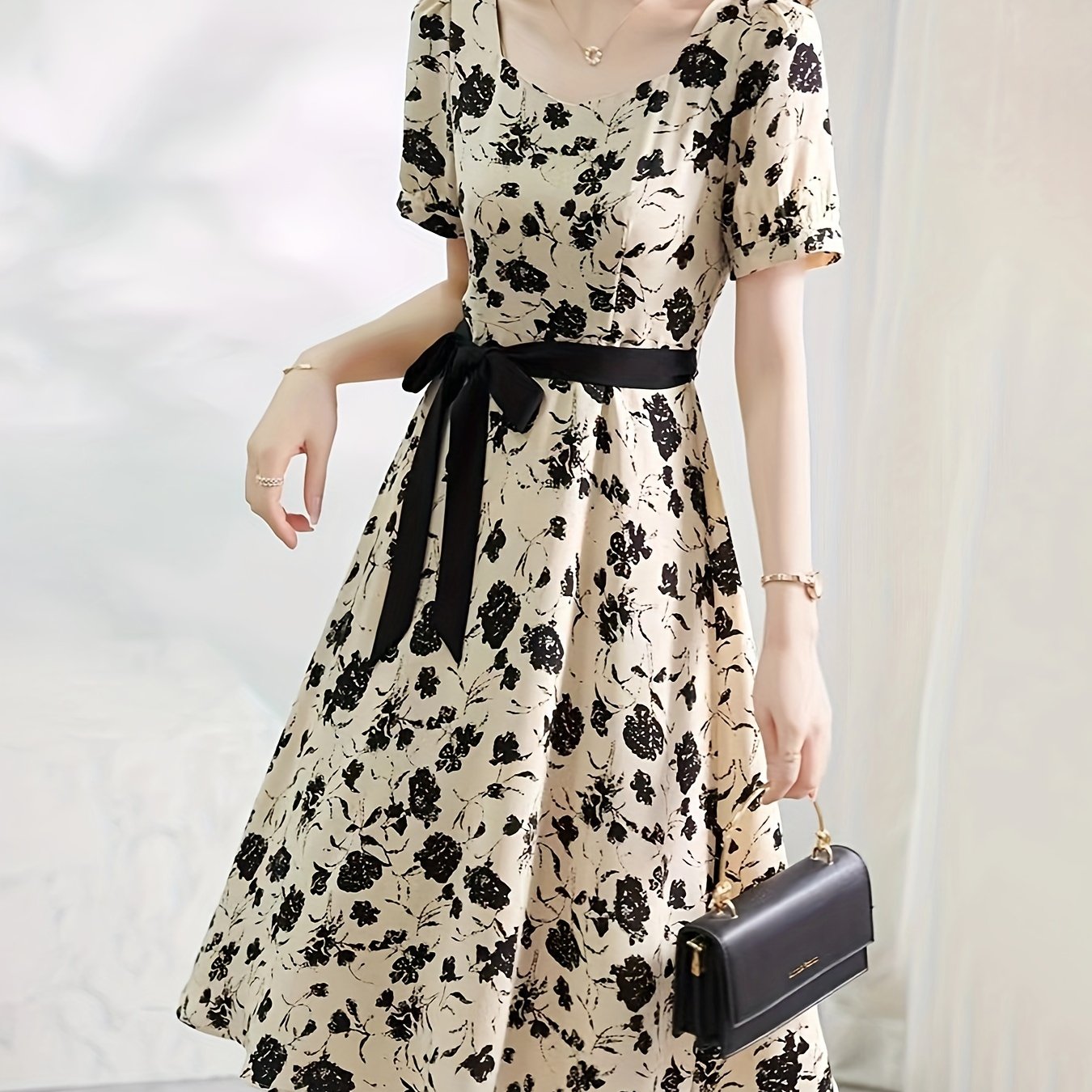 TEMU Elegant Floral Print A-line Dress For Women - V-neck, Short Sleeve With Belt Detail, Spring/summer