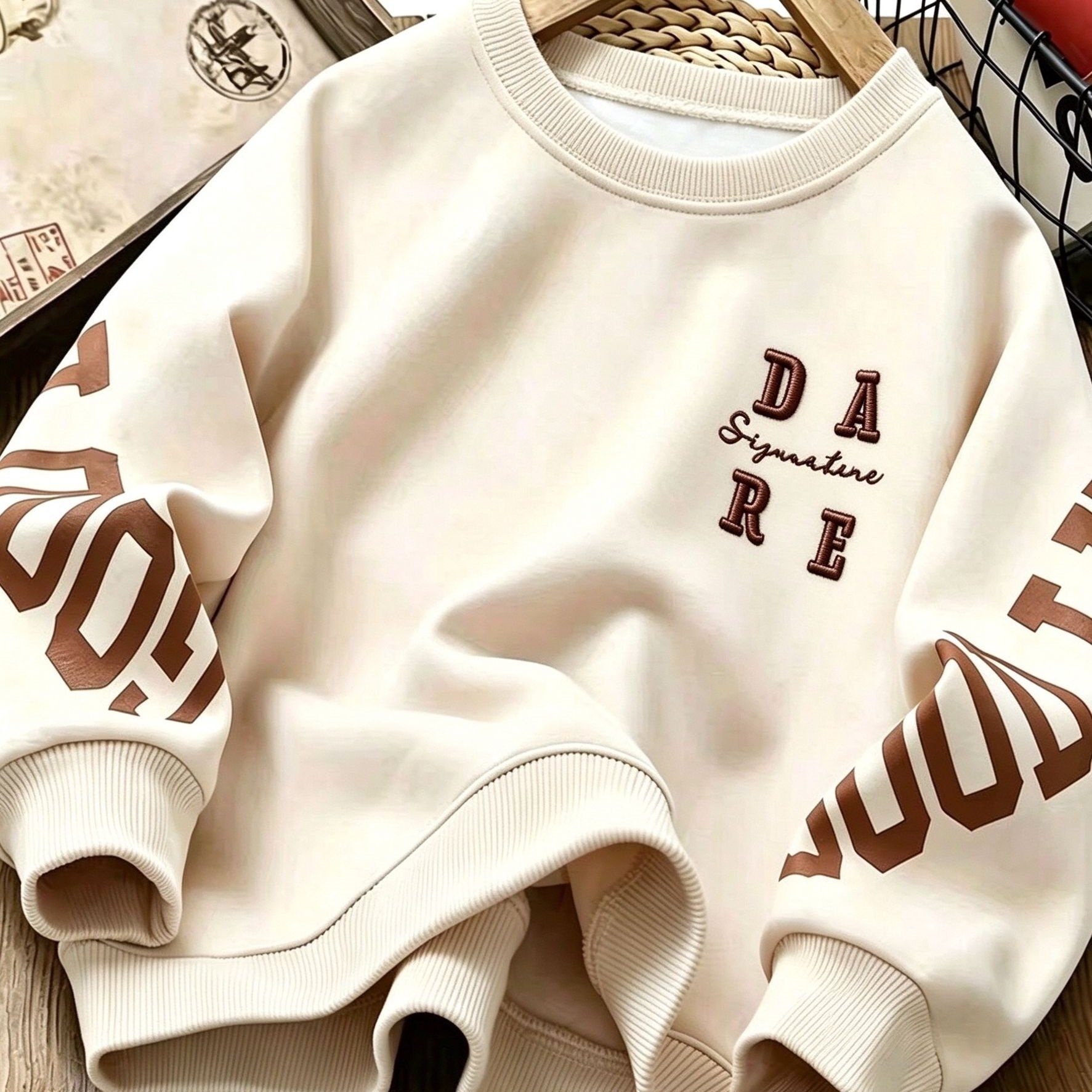 Image of Boys' Spring/autumn Round Neck Sweatshirt, Embroidered Design, Fashionable Print, Regular Fit