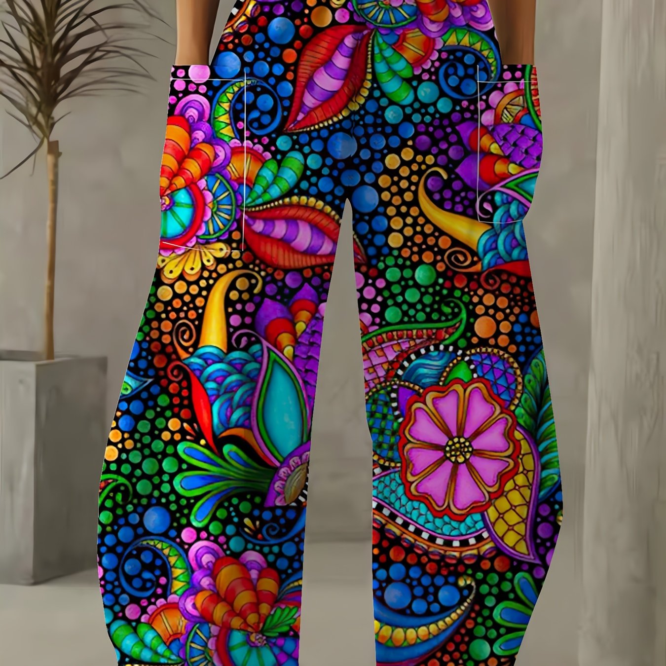 TEMU Plus Size, Plus-size Wide-leg Pants Feature Built-in Pockets, With A With A Colorful Mandala Floral Polka Dot Print. The Vibrant Contrasting