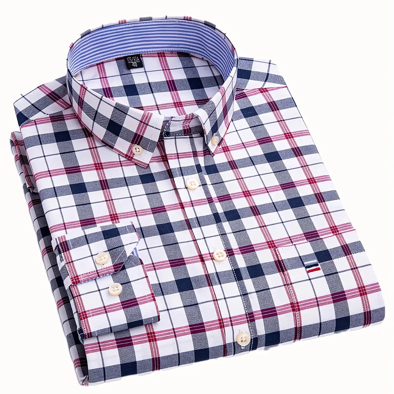 TEMU Men's Oxford Long Sleeve Shirt Striped Inner With Chest Pocket Button Top Breathable