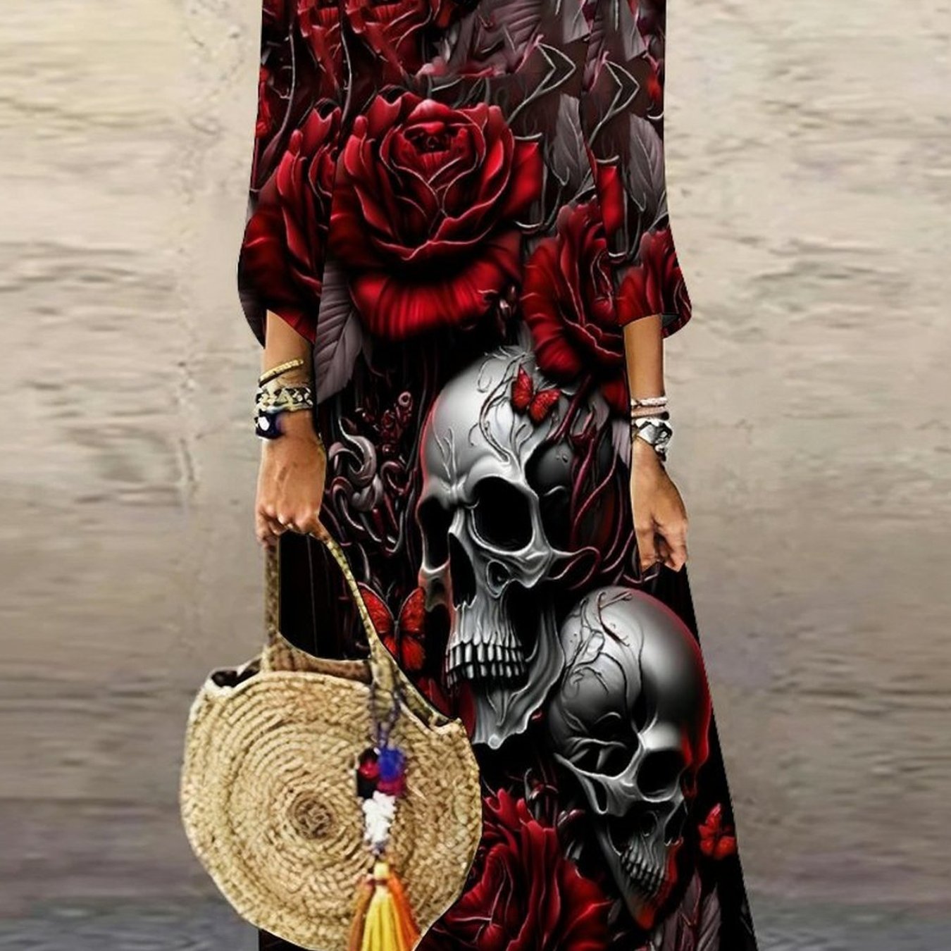 Image of Women's Full-body & Print Maxi Dress - V-neck Medium Sleeve Elegant Gothic Costume Suitable For Themed Parties, Spooky Season Outfits, Wear, Hand Washable Dress For Parties & Everyday/formal Events