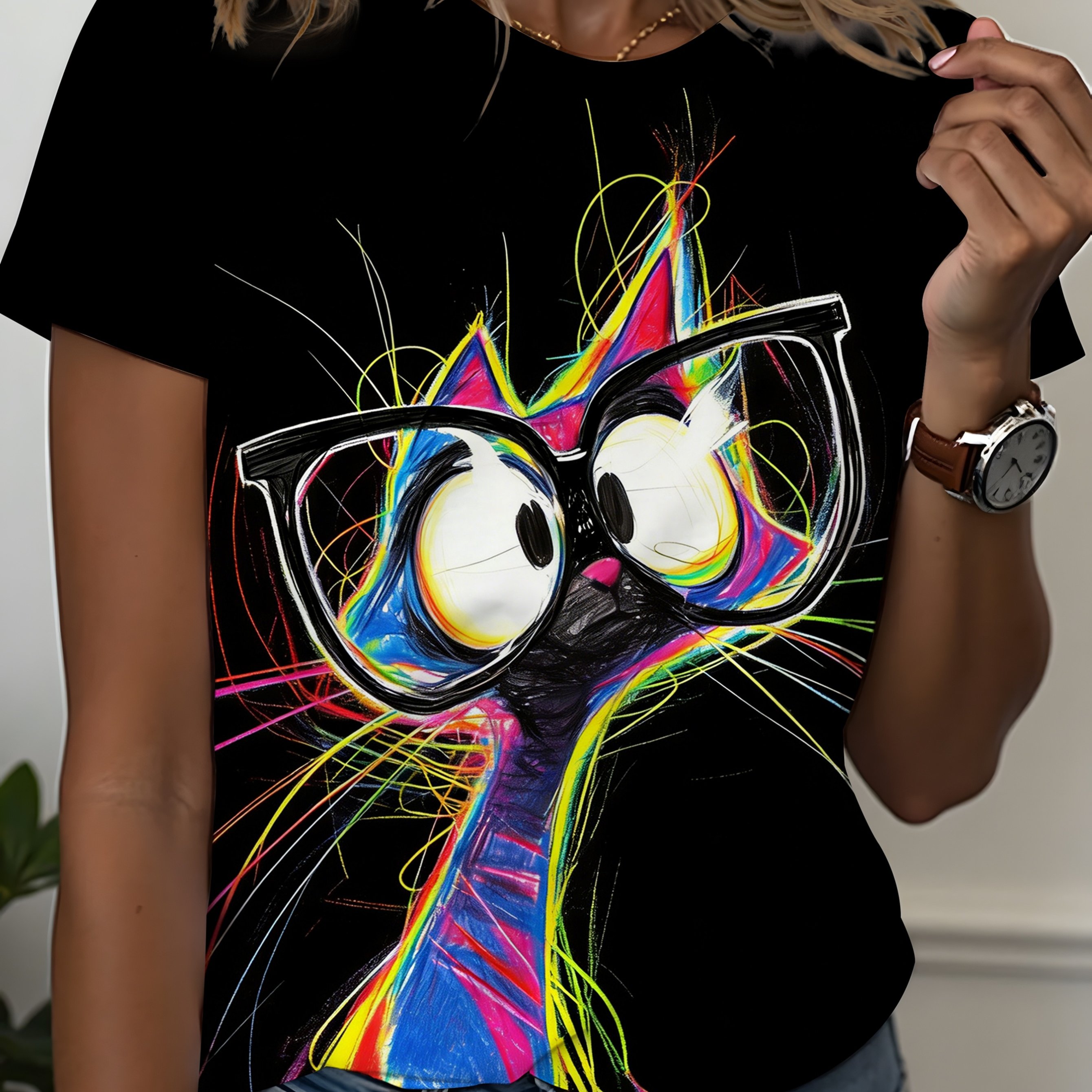 A Sketch Of A Cat Wearing Glasses Printed On A T-shirt, Featuring A Black And White , Breathable And Comfortable, Made Of 100%, Trendy Women's Clothing Cotton Printed Shirts