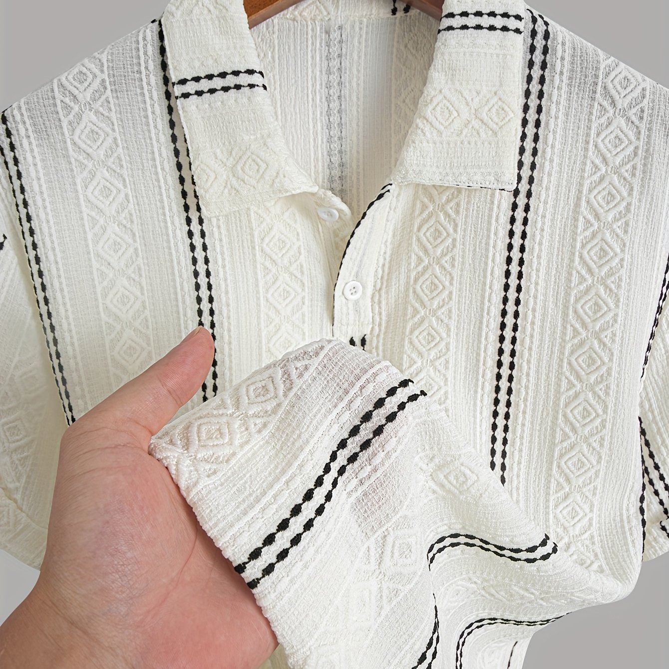 Men's Textured Knit Shirt, Short Sleeve Geometric Pattern Casual Top For Summer Beach