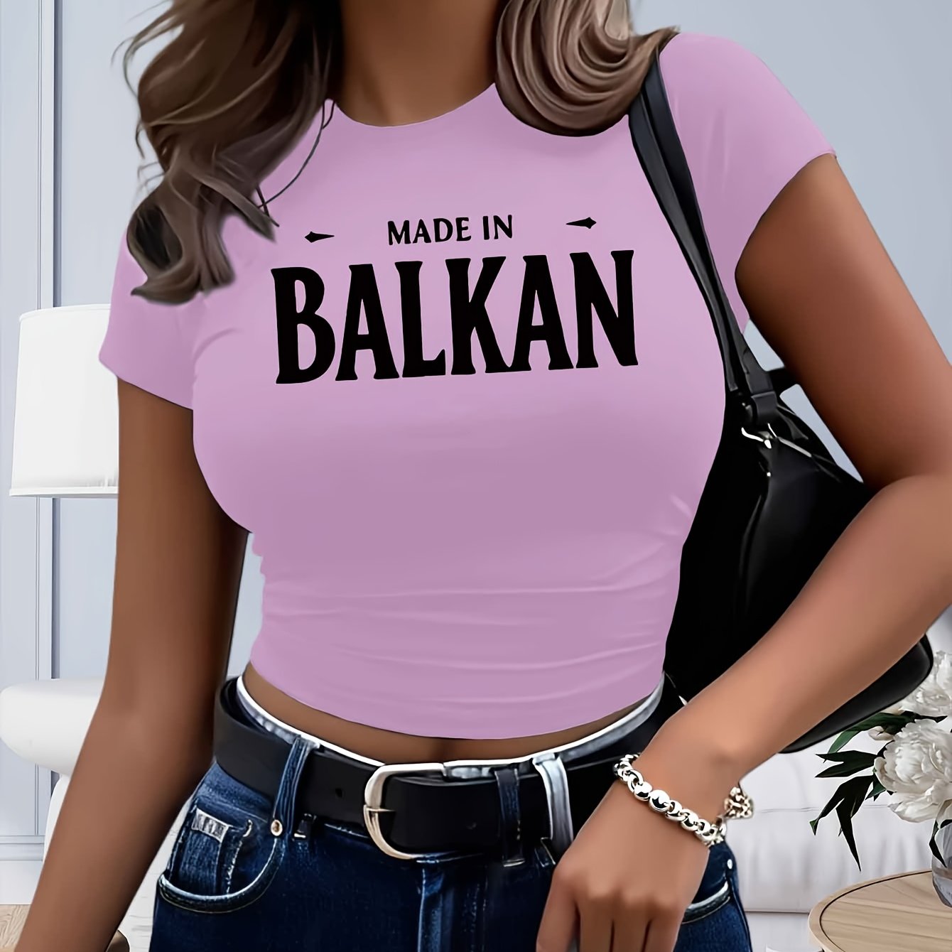 TEMU Spring And Summer Printed Round-neck Cropped Fitted T-shirt