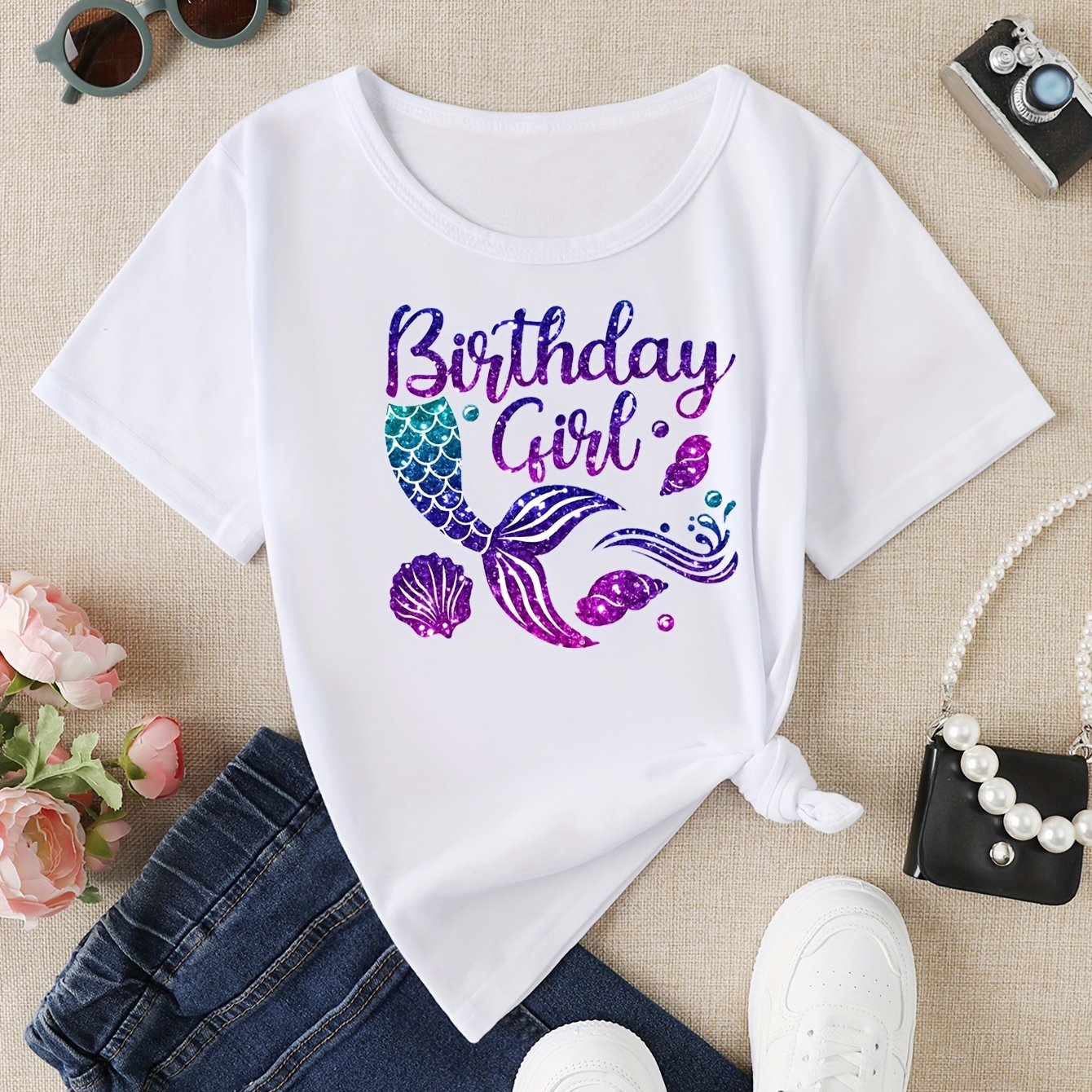 Image of Birthday Girl Print Mermaid Tail Graphic Short Sleeve T-shirt For Girls Summer Clothes Birthday Gift