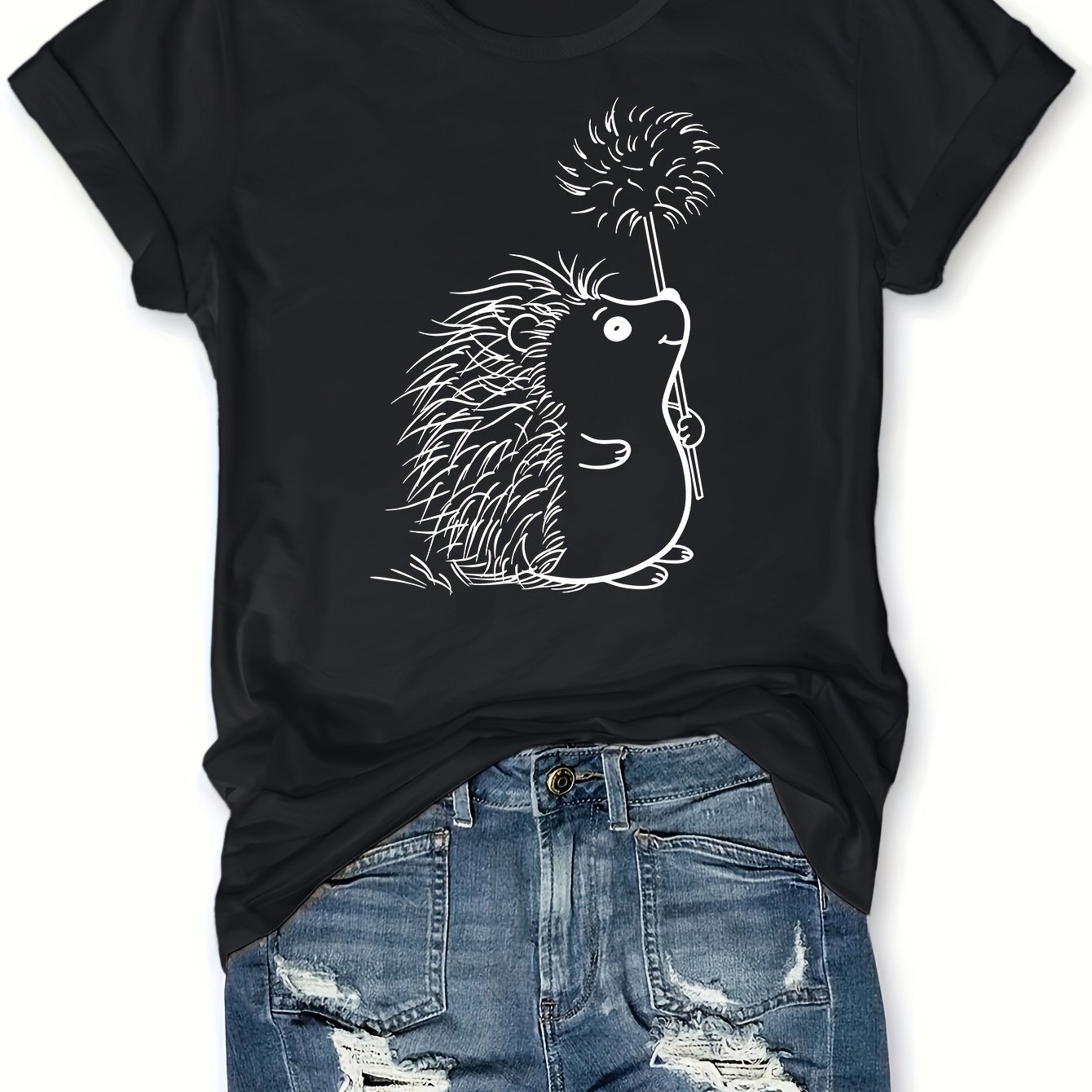 E-shop Igel Druck Rundhals T-Shirt, Lässiges Kurzarm T-Shirt Für Frühling & Sommer, Damenbekleidung