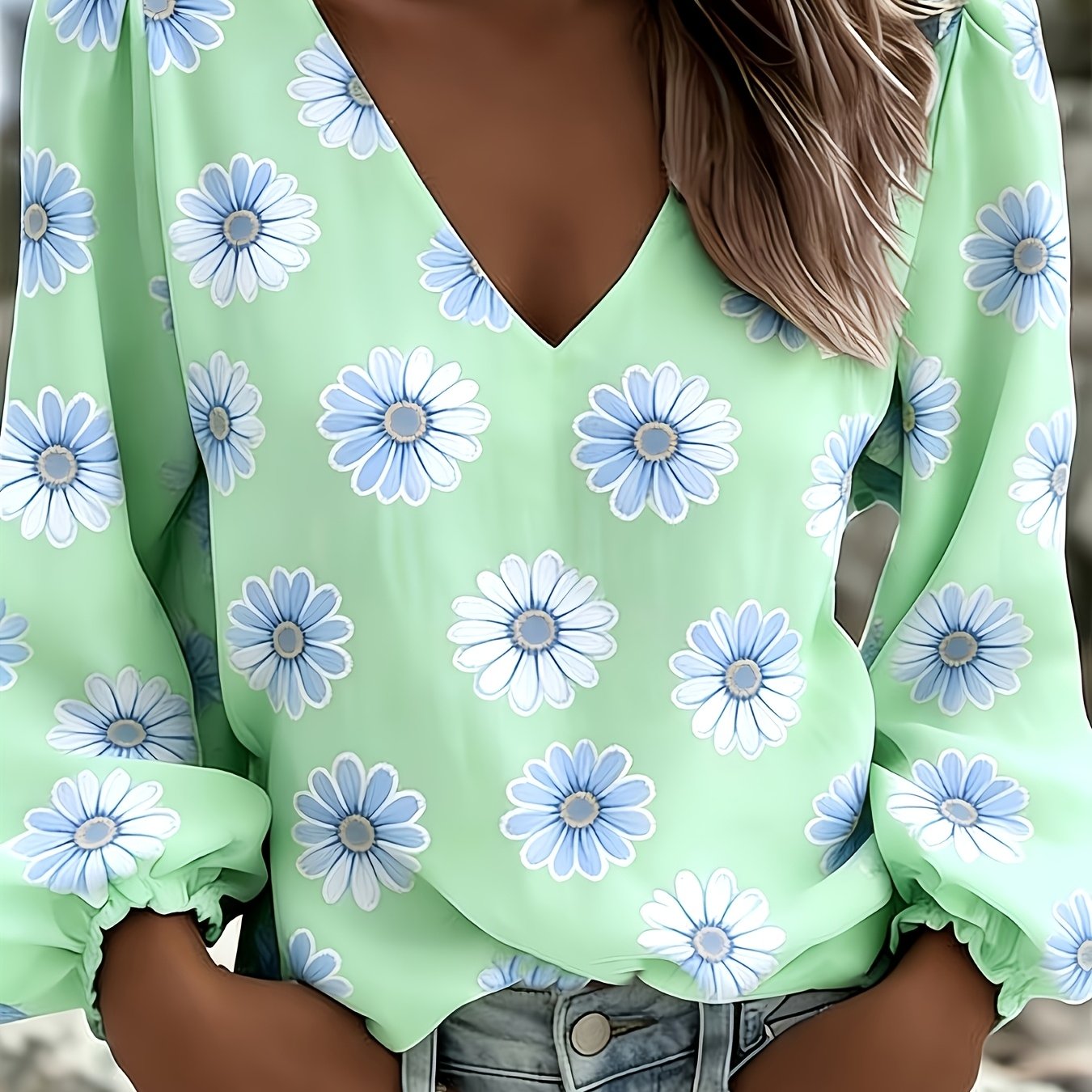 TEMU New Women's Loose Lantern Sleeve Printed Shirt, Loose And, Fashionable And Versatile, And Long-sleeved V-neck Top