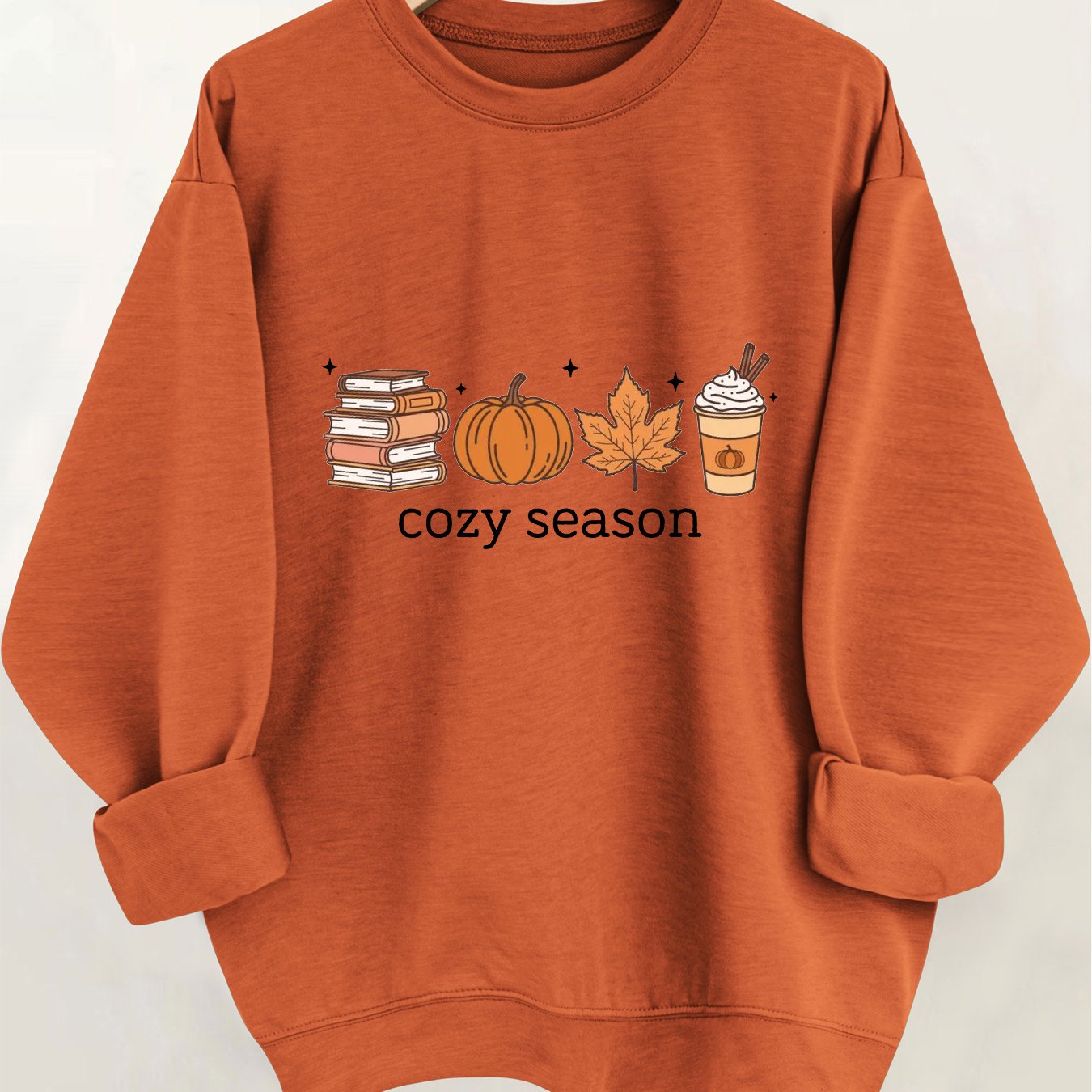 TEMU Women's Fall & Thanksgiving Sweater - Cozy Season Pullover With Pumpkin, Leaf, Coffee Cup & "cozy Season" Lettering - Deep Burgundy Casual