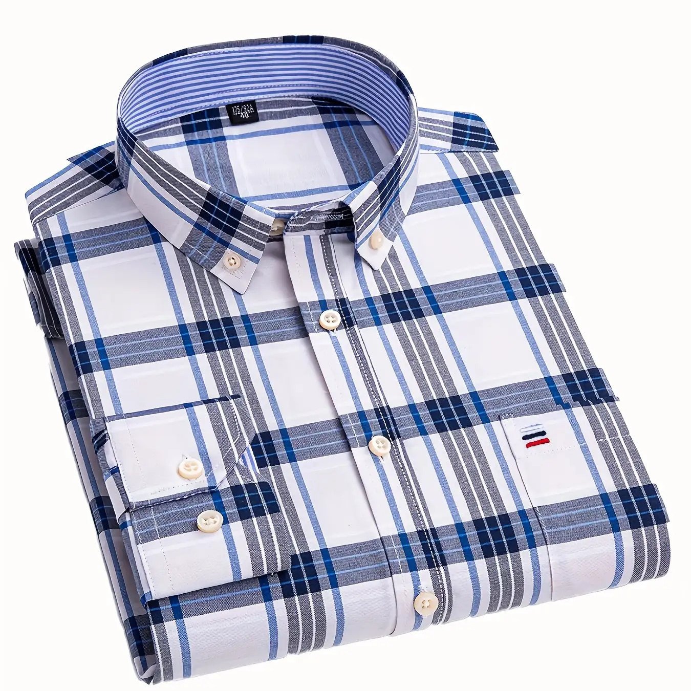 Men's Oxford Long Sleeve Shirt Striped Inner With Chest Pocket Button Top Breathable
