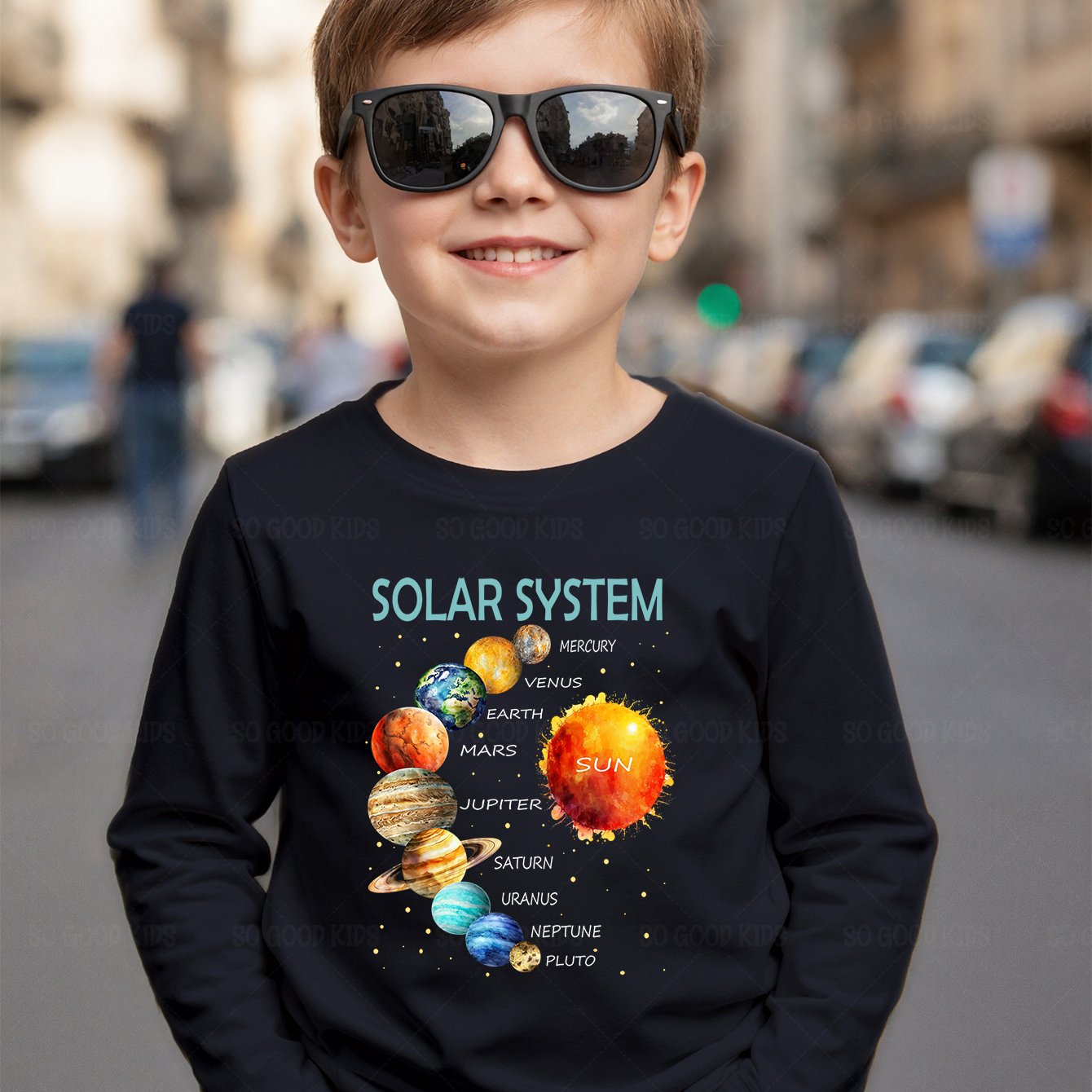 TEMU Boys Spring Autumn Crew Neck Long Sleeve Tshirt Watercolor Star Chart Style Solar System Planet Pattern Print Machine Washable Knitted Fabric
