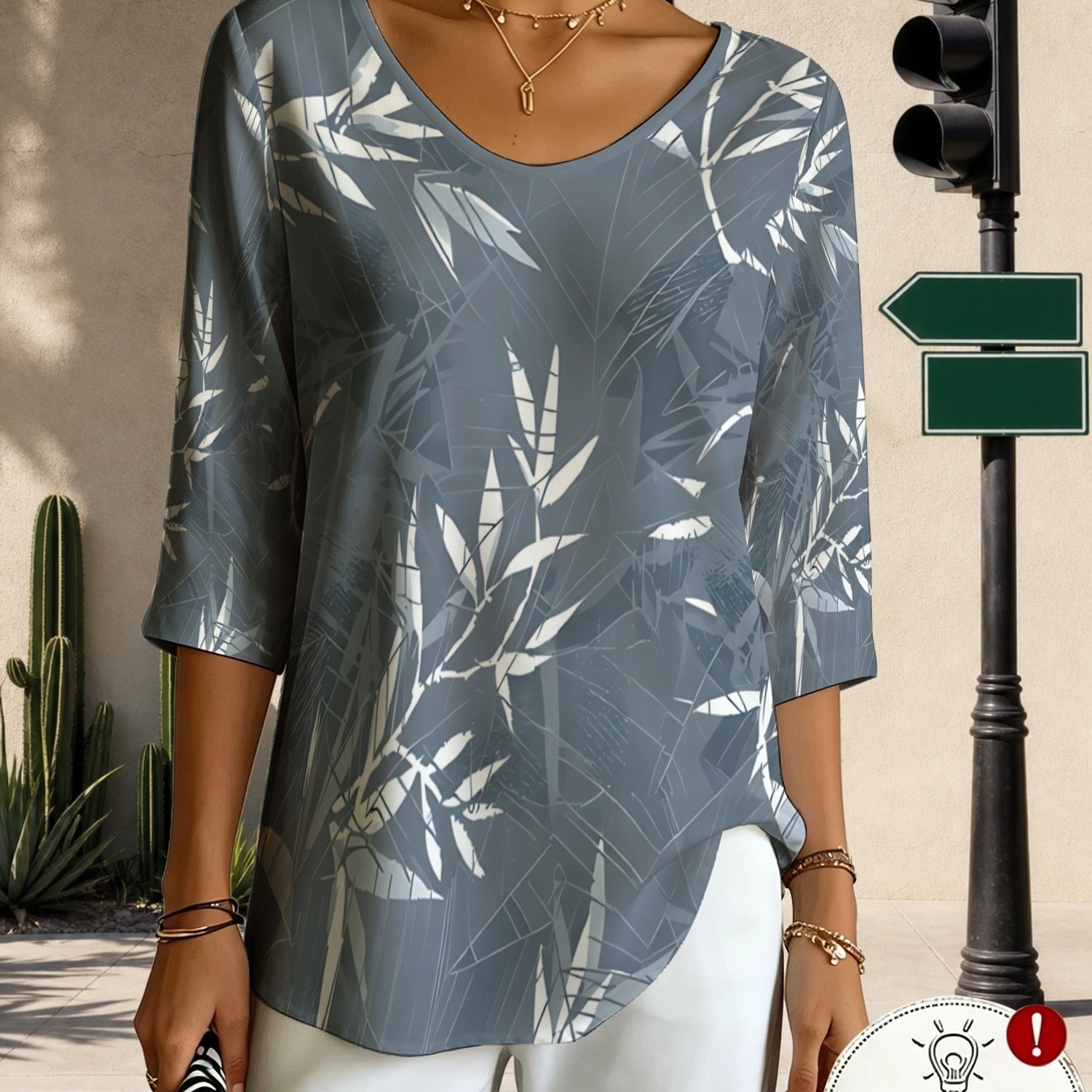 TEMU Printed Design – Not Textured New Women's V-neck Three-quarter Sleeve T-shirt In Gray-blue With Art Print For Daily Casual Wear