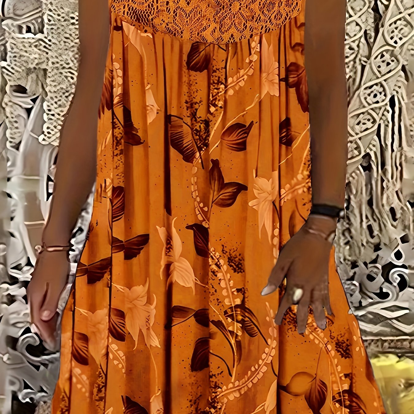 E-shop Plus Size, Rundhalsausschnitt Ärmelloses Spitzen-Rüschen-Patchwork-Druck Elegantes Plus-Size Schlagkleid