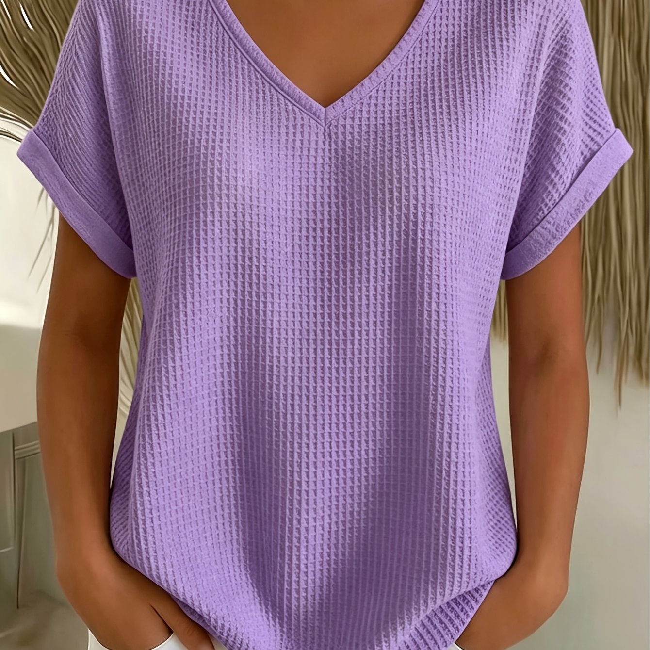 TEMU Plus Size - [qianji Strategy Extension] Plus Women's Summer Plus Size Waffle Texture V-neck Short Sleeve Loose -concealing Sleeve Top