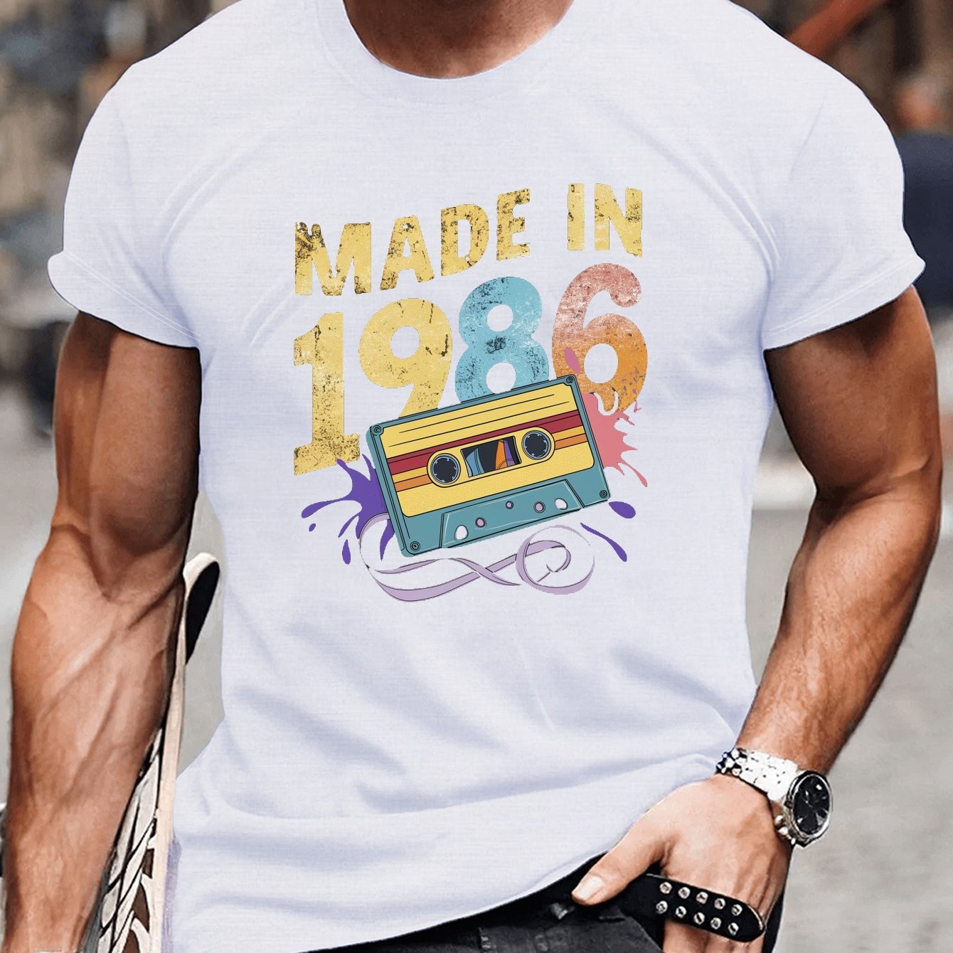 TEMU Cassette Made In 1986 Print Tee Shirt, Tees For Men, Casual Short Sleeve T-shirt For Summer