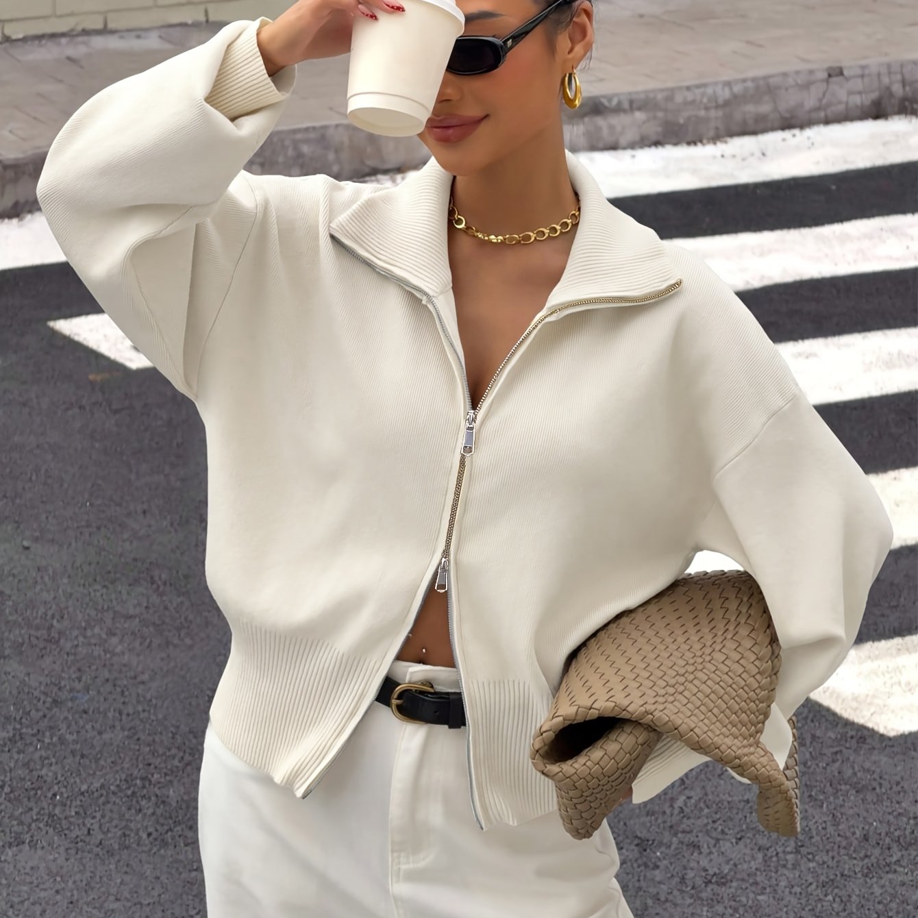 TEMU Women's Winter Sweater, Business Casual Wear, Commuter Fashion Long Sleeve Zipper Cardigan