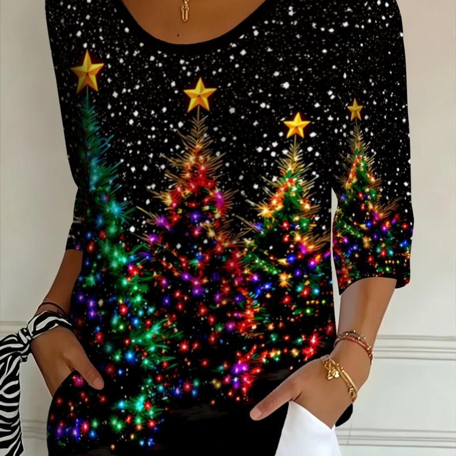 TEMU Women'-quarter Sleeve T-shirt, Printed With Christmas (non-textured), Festive , Suitable For Daily Wear And Parties, Bringing A Christmas