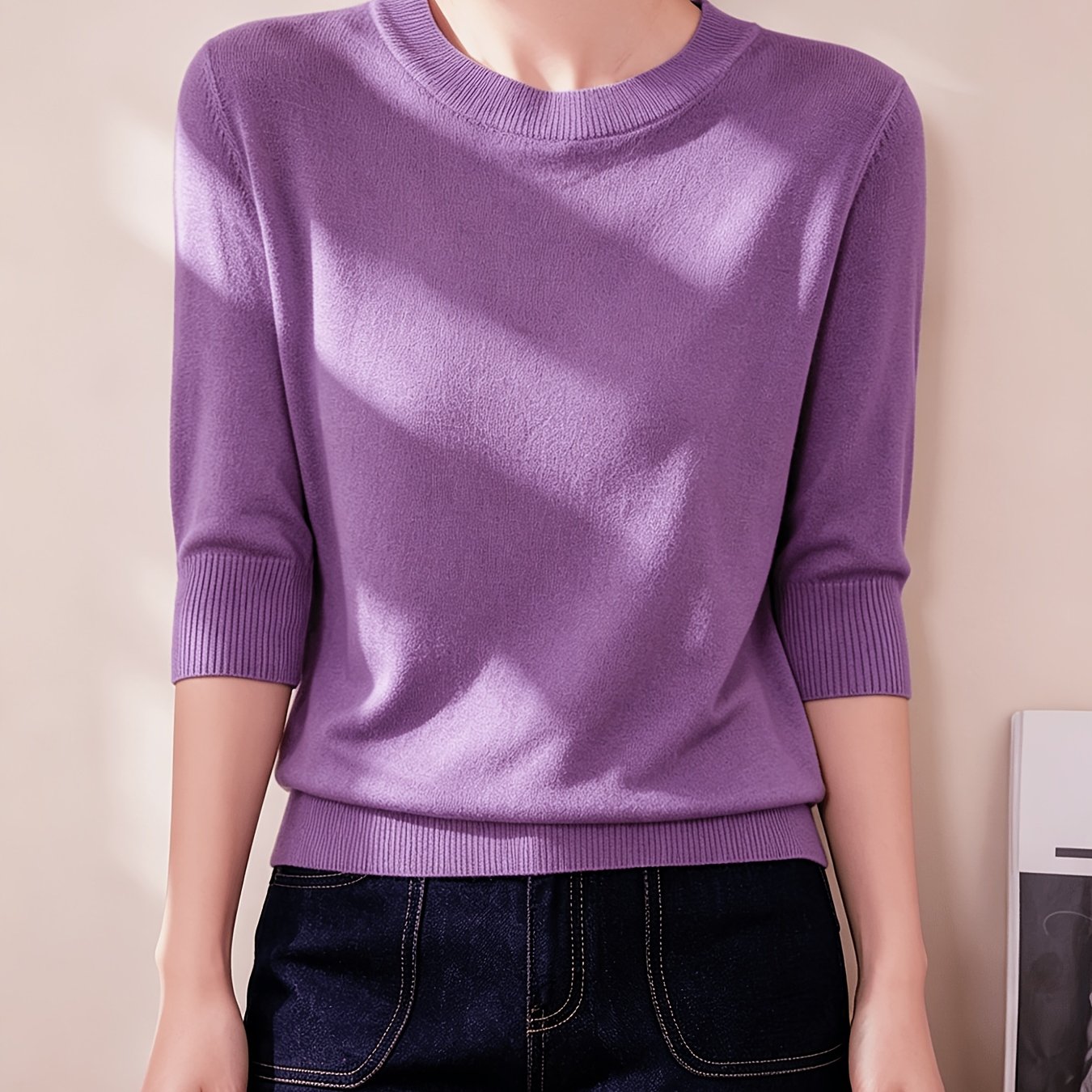 TEMU Women's Stretchy Ribbed Sweater - Soft Round Neck Mid-sleeve Pullover, Solid Color Layering Essential With Ribbed Detailing, Hand Wash/, Casual