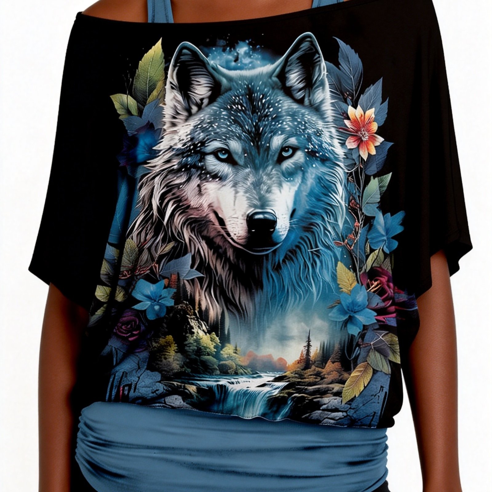 E-shop Damen Oberteil mit Wolfsblumen-Kunstdesign und Lockerem Schulterfreiem Schnitt