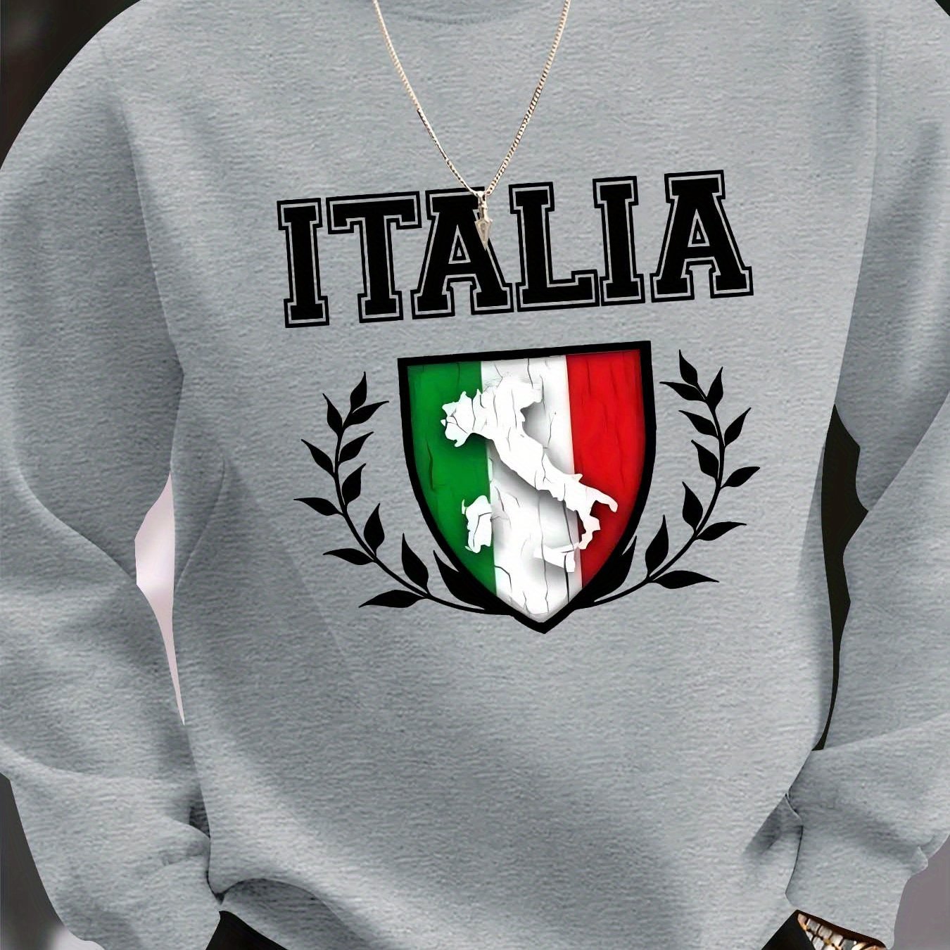 TEMU Men's Casual Italian Graphic Sweatshirt, Stretchy Crew Neck Pullover, Polyester Fabric, Regular Fit, Printed Design, Sports Hoodie For