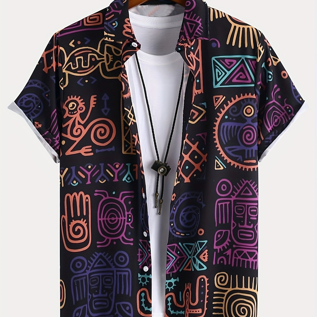 TEMU 1pc Men's Short Sleeve Shirt With Bohemian/tribal Style, Overall Retro And Casual Look, Very Vibe