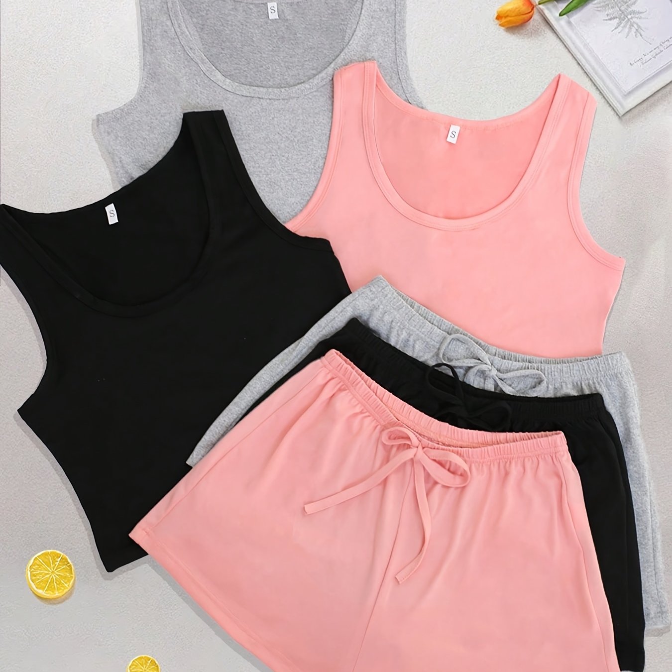 TEMU 6pcs Solid Color Pajama Set, Sleeveless Crew Neck Tank Top And Loose Shorts, Stylish Women's Loungewear Suitable For Wearing Outside, Simple, Comfortable, And Skin-friendly Sleepwear