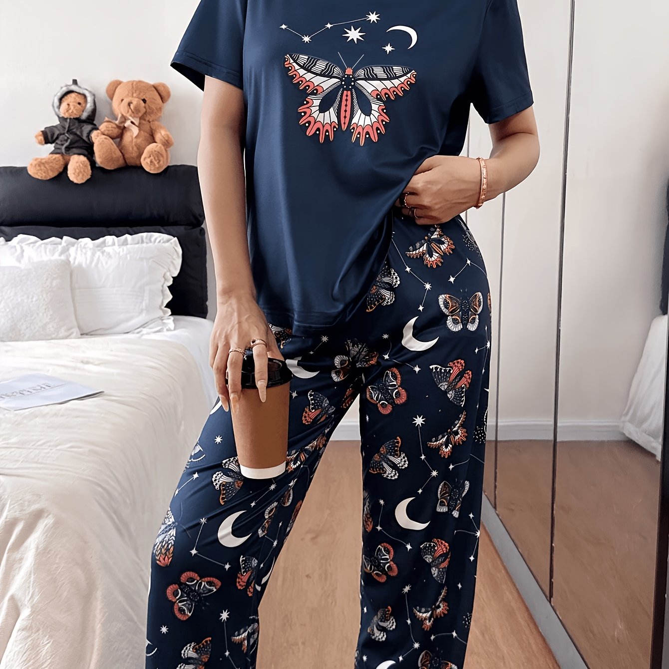 TEMU "26aw" Women's Pajama And Loungewear 2pcs Set, Casual Sleepwear Suit, Wear, Comfortable For Home Use, Pajama Set, Loose Round Neck Short Sleeve