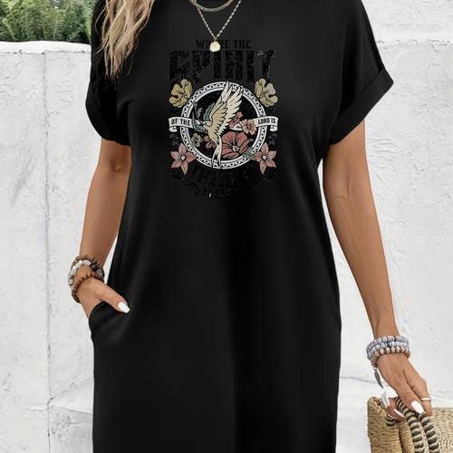 printed t shirt dress short sleeve round neck casual heat press dress suitable for summer and spring womens clothing