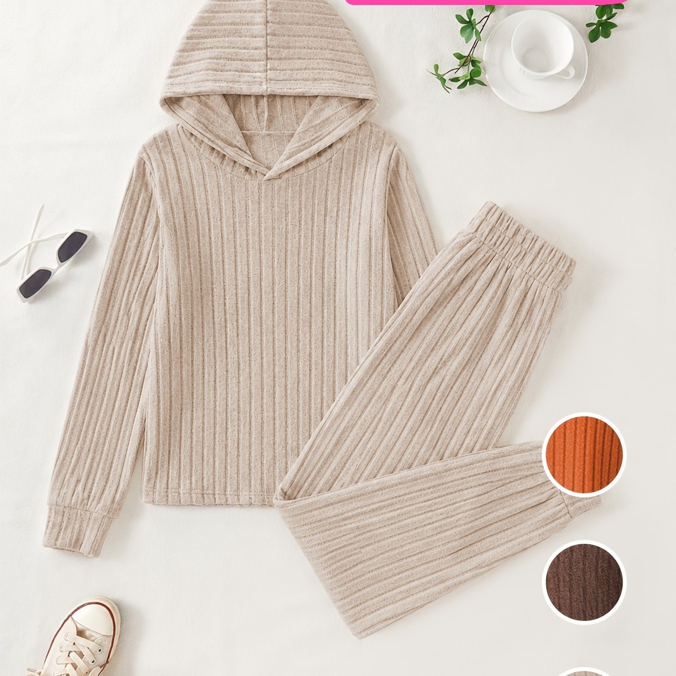 TEMU 2pcs Random Color Women's Ribbed Hooded Casual Sport Set