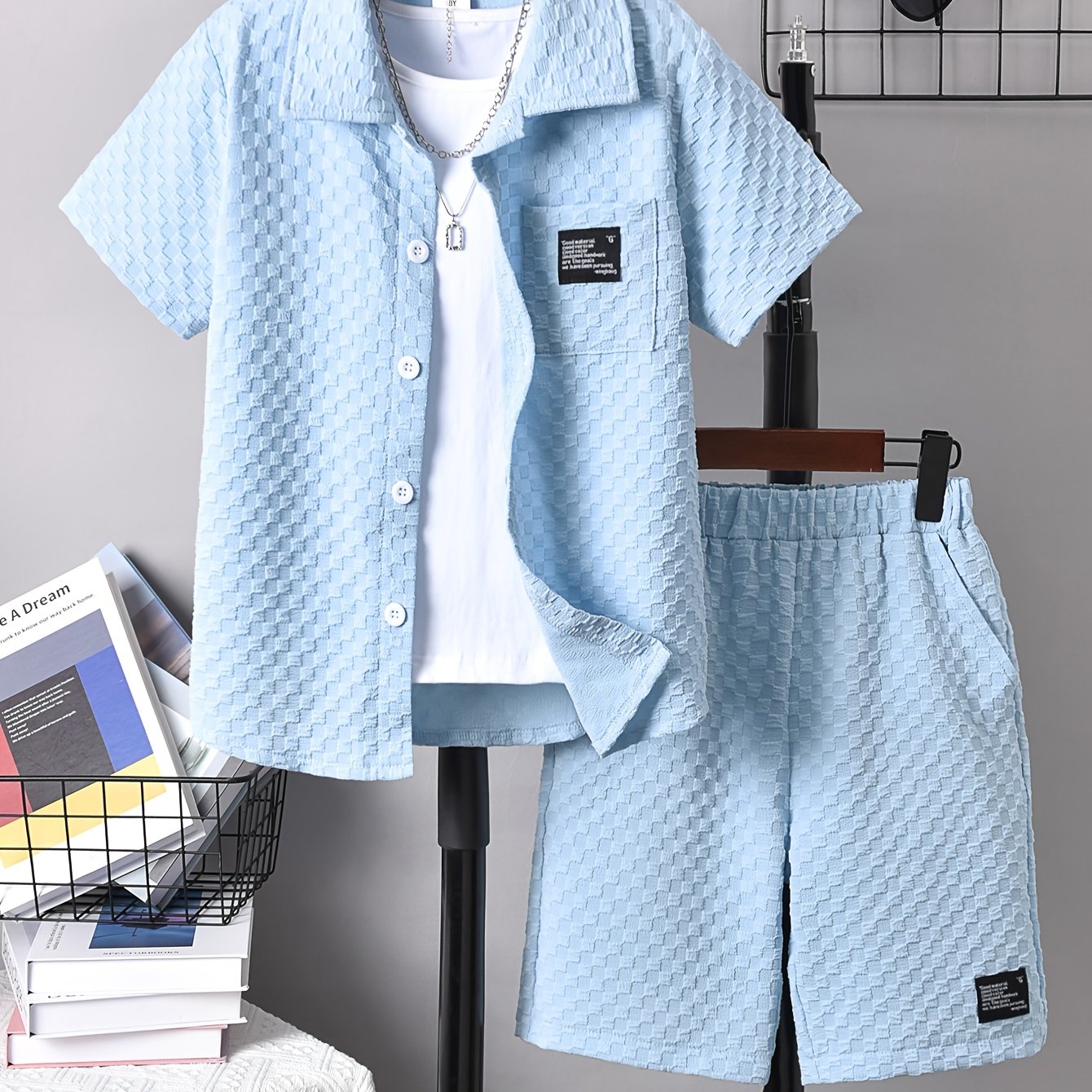 Image of Boys' Casual Stamp Decor Short Sleeve Shirt + Fashion Shorts Two-piece Set, Perfect For Outdoor