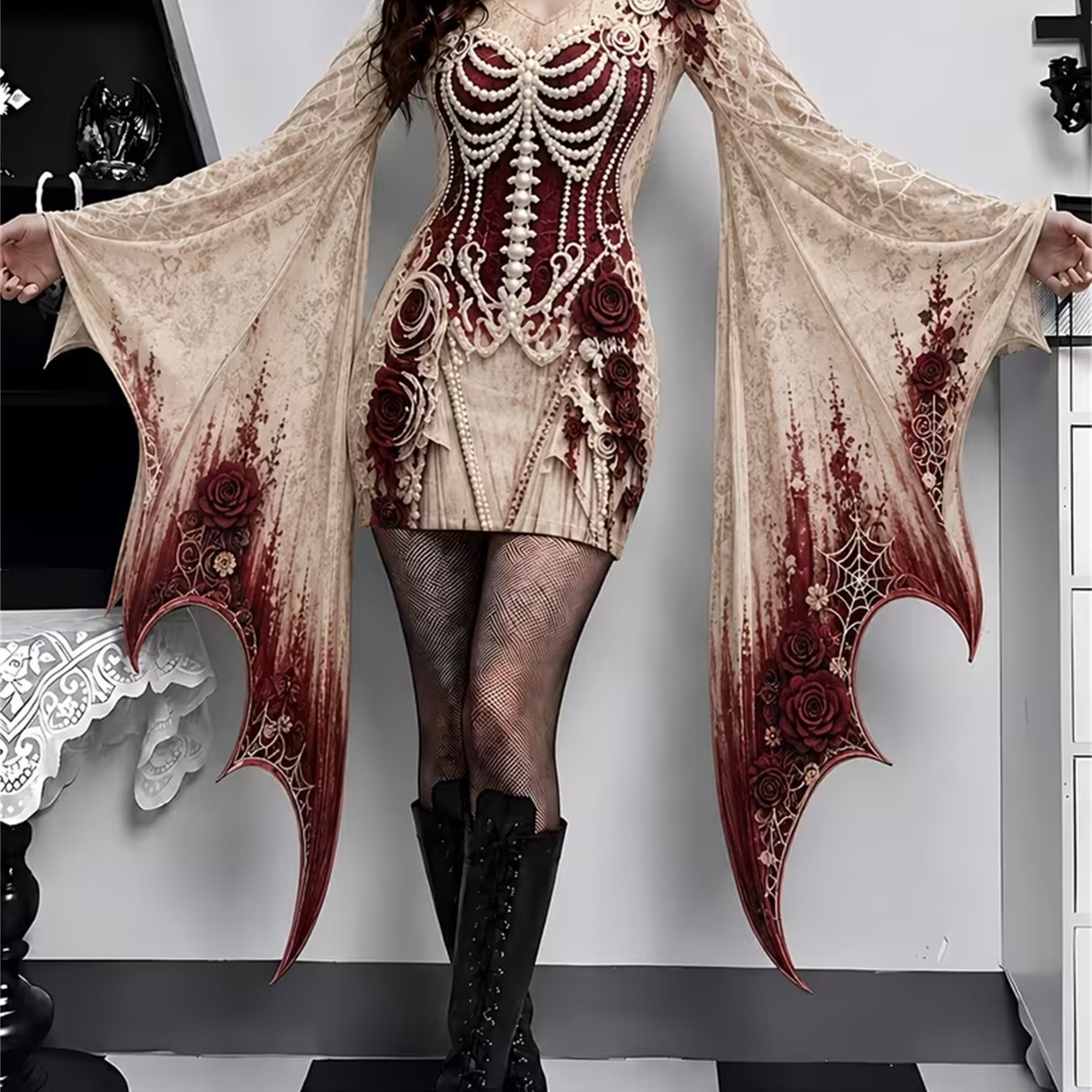 TEMU Halloween Damen-Mini-Bodycon-Kleid mit V-Ausschnitt, Fledermausärmeln 2D-Druck, geeignet für Festivalpartys, Themenveranstaltungen Foto-Outfits