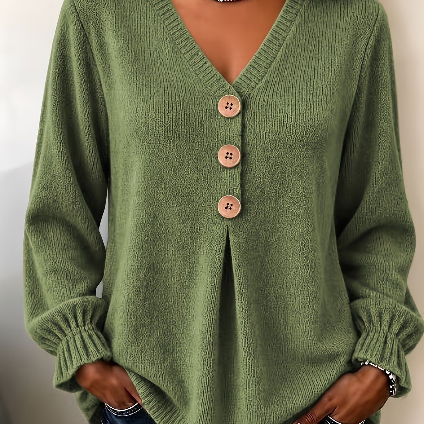 TEMU Pull grande taille élégant et décontracté pour femmes, style moyen-oriental, printemps automne, couleur unie, col rond, col en V, boutonné,