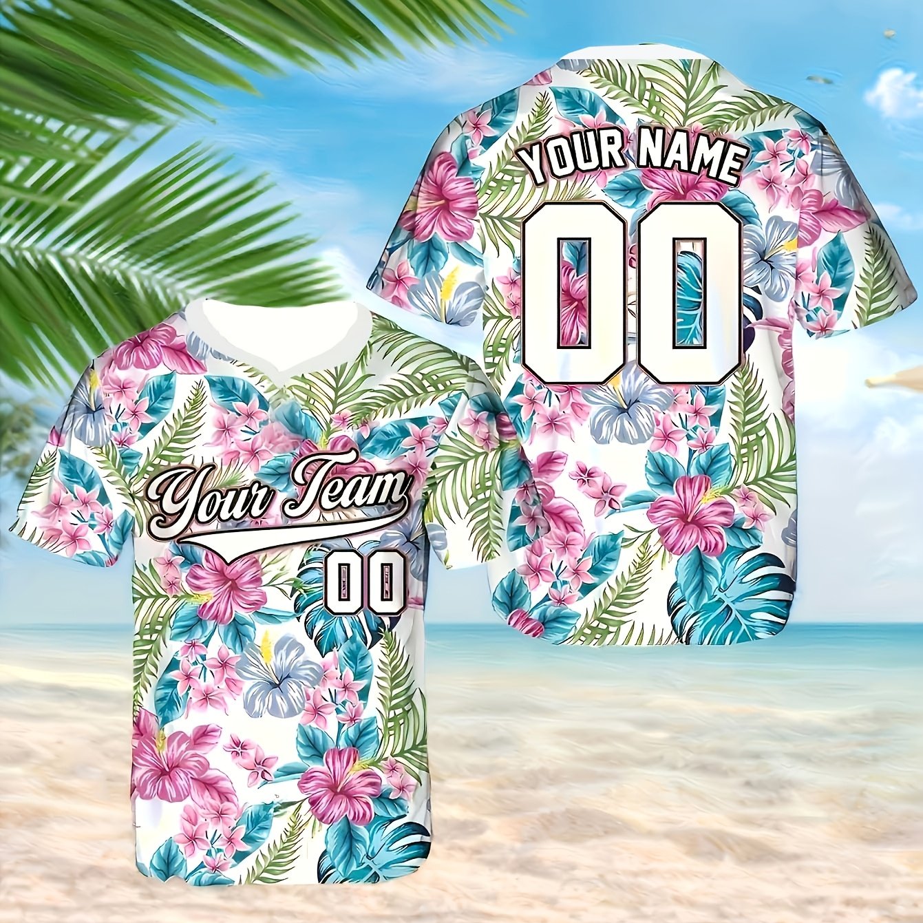 TEMU Custom Jerseys - Personalized Team , Vibrant Tropical Floral Prints, V-neck Design, Slightly Stretchy Fabric, Perfect For Baseball Fans, Summer